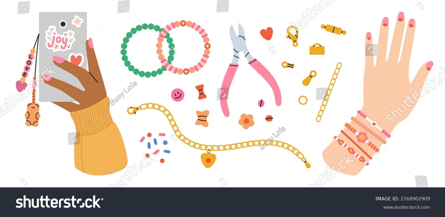 Big set with equipment for beading and jewelry making. Instruments, golden spare parts, bracelets, necklace. Manicured hands with phone etc.
Beading, handmade, fashion. 
Hand drawn vector illustration #2168902909