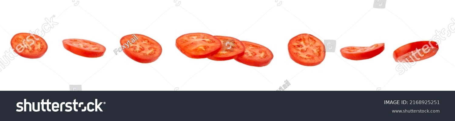 Tomato slice top view isolate. Tomato on white background. Set of round tomato slices. With clipping path. #2168925251