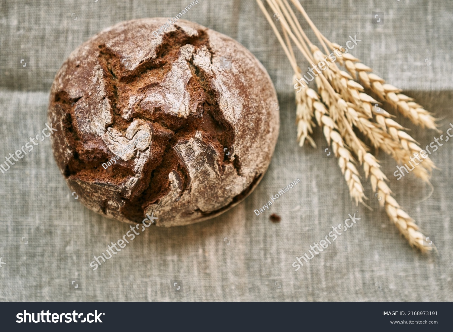Top view of freshly baked rye bread on a yeast-free starter and on a mixture of whole grain, rye and wheat flour. It lies on a napkin, next to a dried flower with grains. Selective focus.  #2168973191
