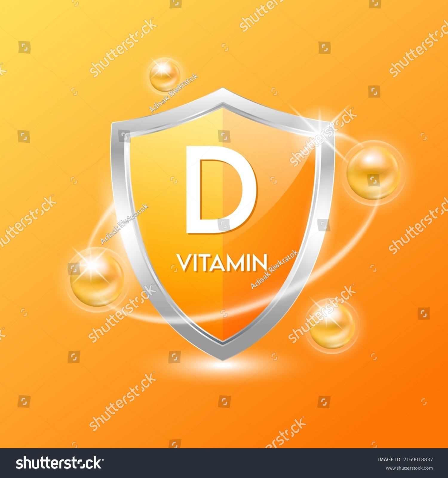 Vitamin D shield with orange atom. Protect the body stay healthy. For nutrition products food. Medical scientific concepts. Vector illustration. #2169018837