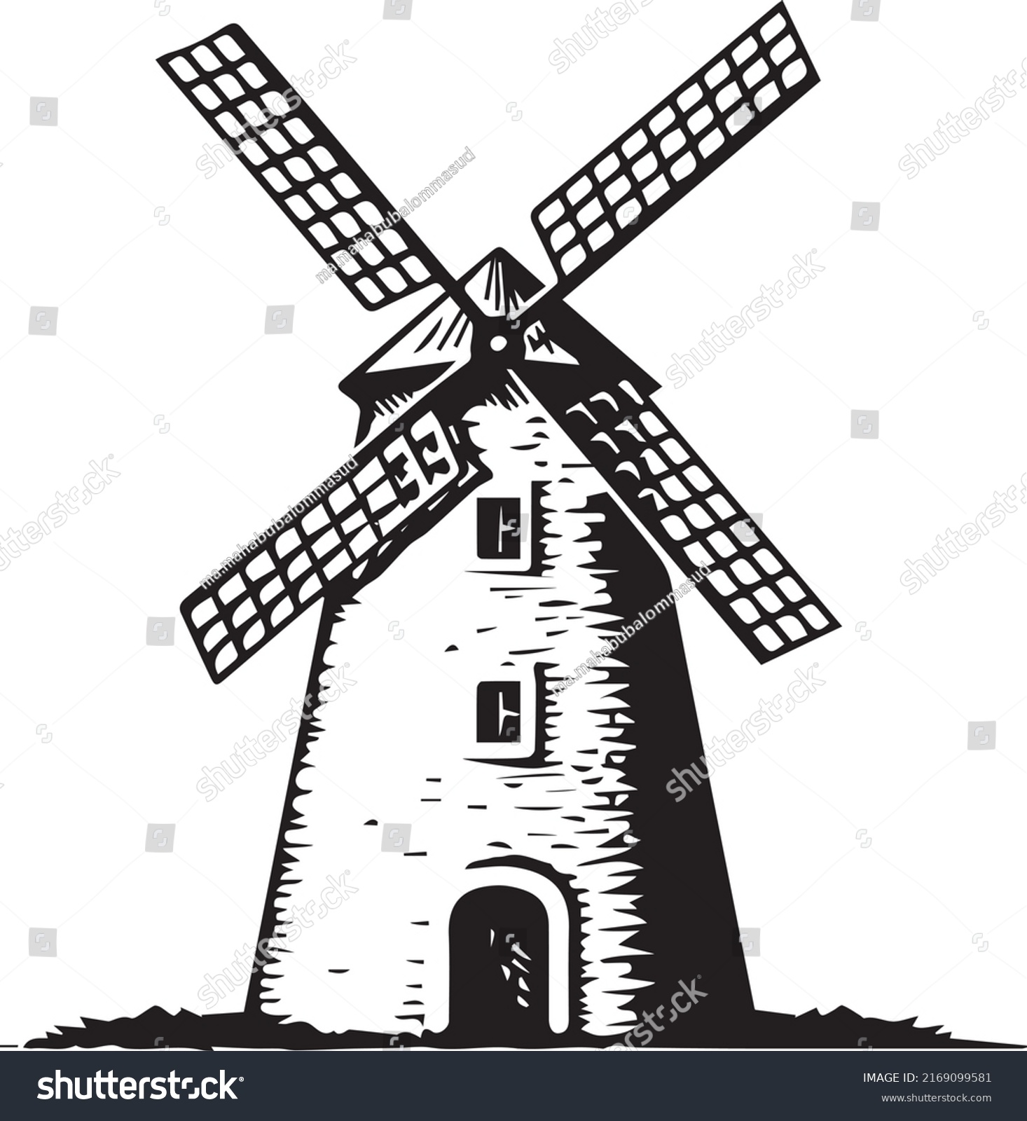 German landmark retro windmill isolated outline icon.
Vector rural countryside traditional Dutch stone mill, Netherland wooden windmill, Holland building for millstones grain, flour, bread processing #2169099581