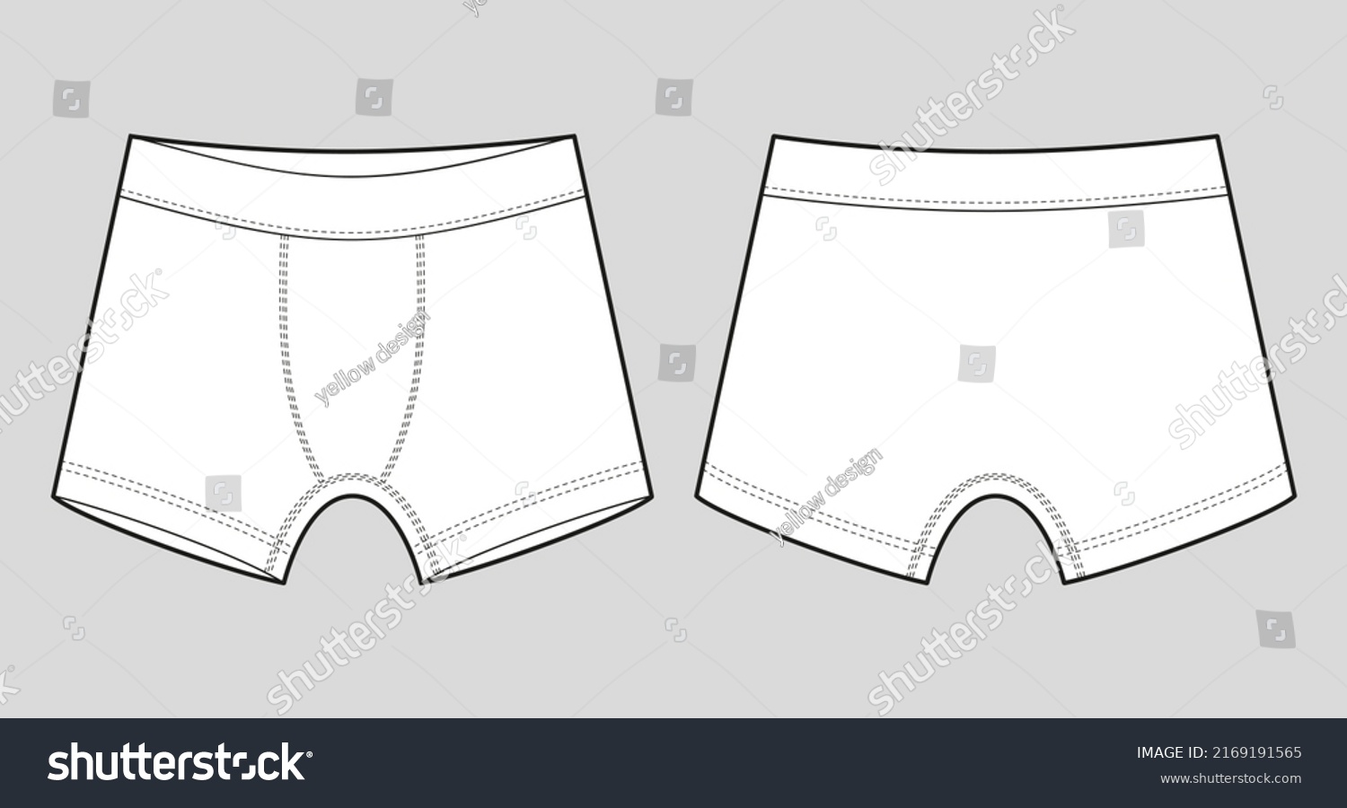 Men underpants. Technical sketch children's boxer shorts underwear. Front and back view. CAD fashion design. Vector illustration #2169191565