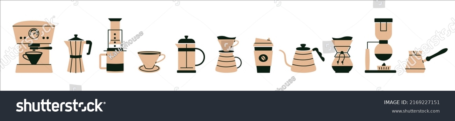 Alternative coffee brewing methods and tools cliparts. Set of coffee machine, hario, utensils, french press, moka, cup, kettle icon. Hand drawn isolated elements for cafe, menu, coffee shop #2169227151