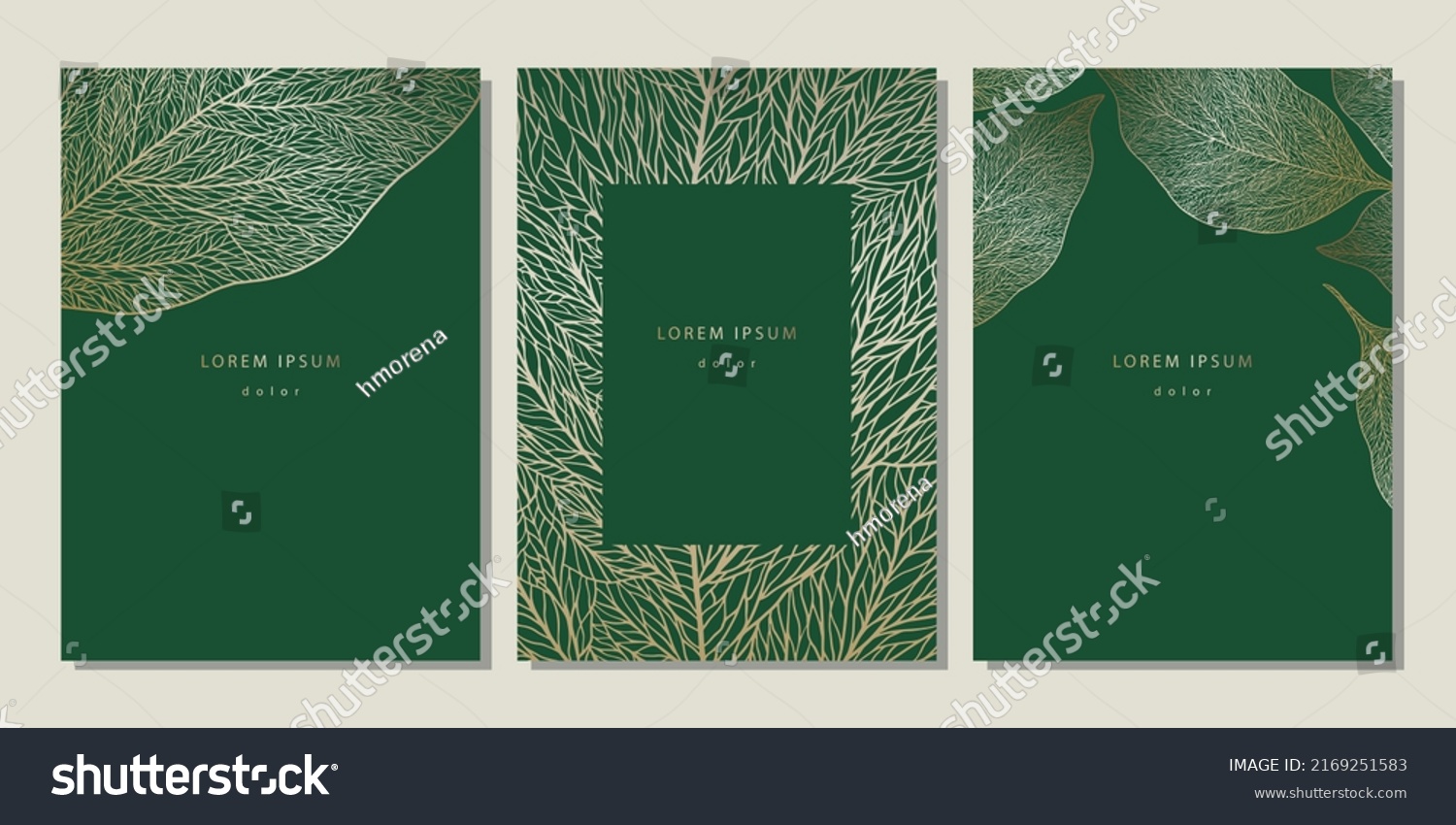 Set of floral templates with linear leaves texture. Luxury dark green backgrounds with golden leaf veins #2169251583