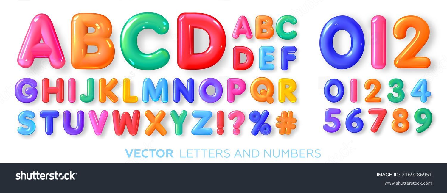 Cheerful, multi-colored, glossy, children's alphabet. Colored 3d letters and numbers. Vector illustration #2169286951