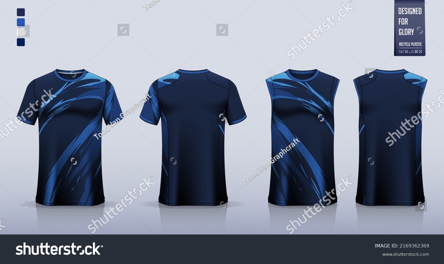 T-shirt mockup, sport shirt template design for soccer jersey, football kit. Tank top for basketball jersey, running singlet. Fabric pattern for sport uniform in front and back view. Vector. #2169362369