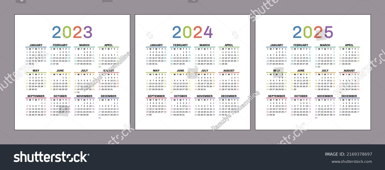 Calendar 2023, 2024 and 2025 years. Square Royalty Free Stock Vector