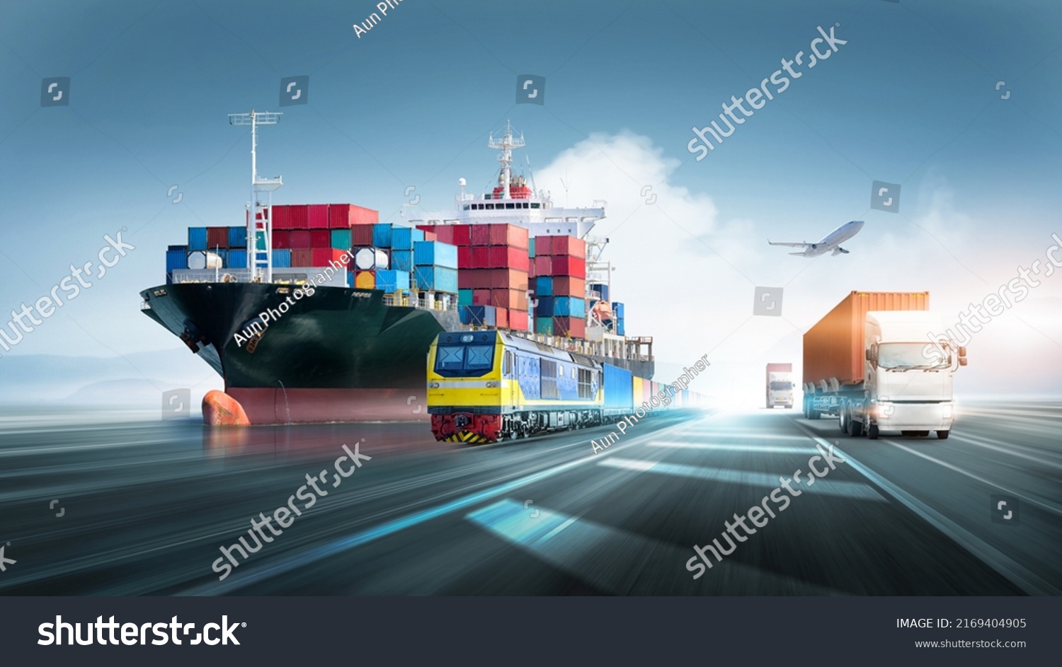 Global business logistics and transportation import export container cargo freight ship, freight train, cargo airplane, containers truck on highway with copy space, international trade concept  #2169404905