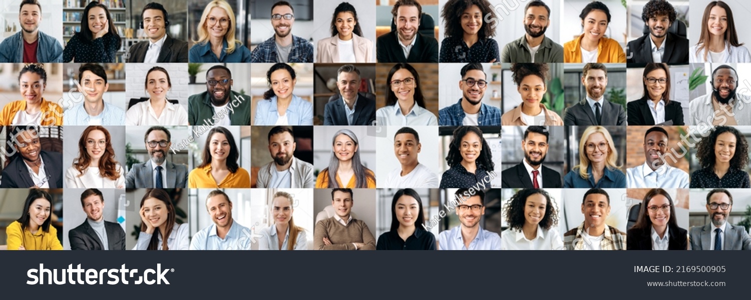 Panoramic collage of a lot of happy positive multiracial people looking at the camera. Many smiling multiethnic faces of successful business people of different ages, smiling friendly into the camera #2169500905