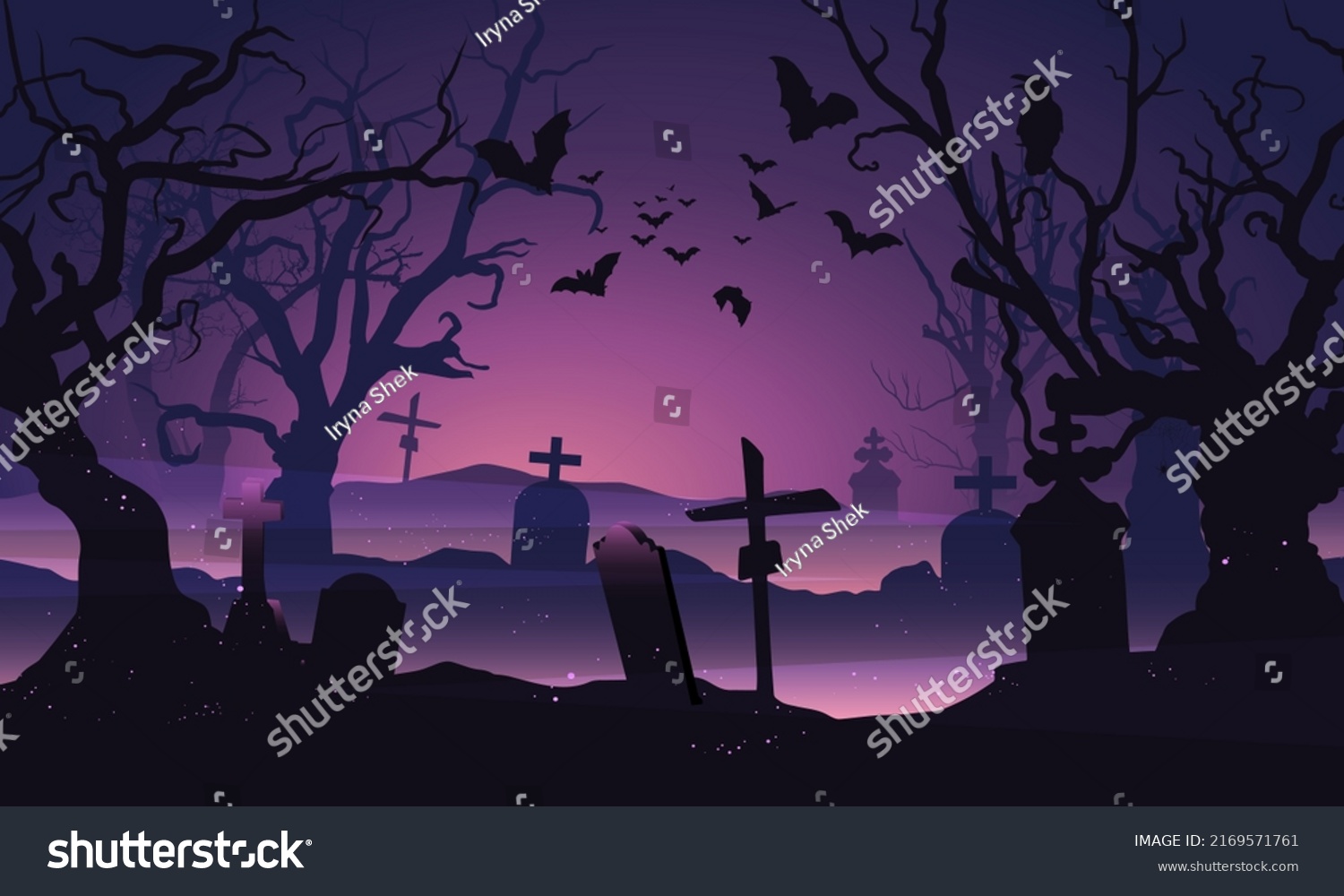 Cemetery in forest. Halloween background with bats, trees, tombstones and fireflies. Halloween purple, violet template. Vector illustration. #2169571761
