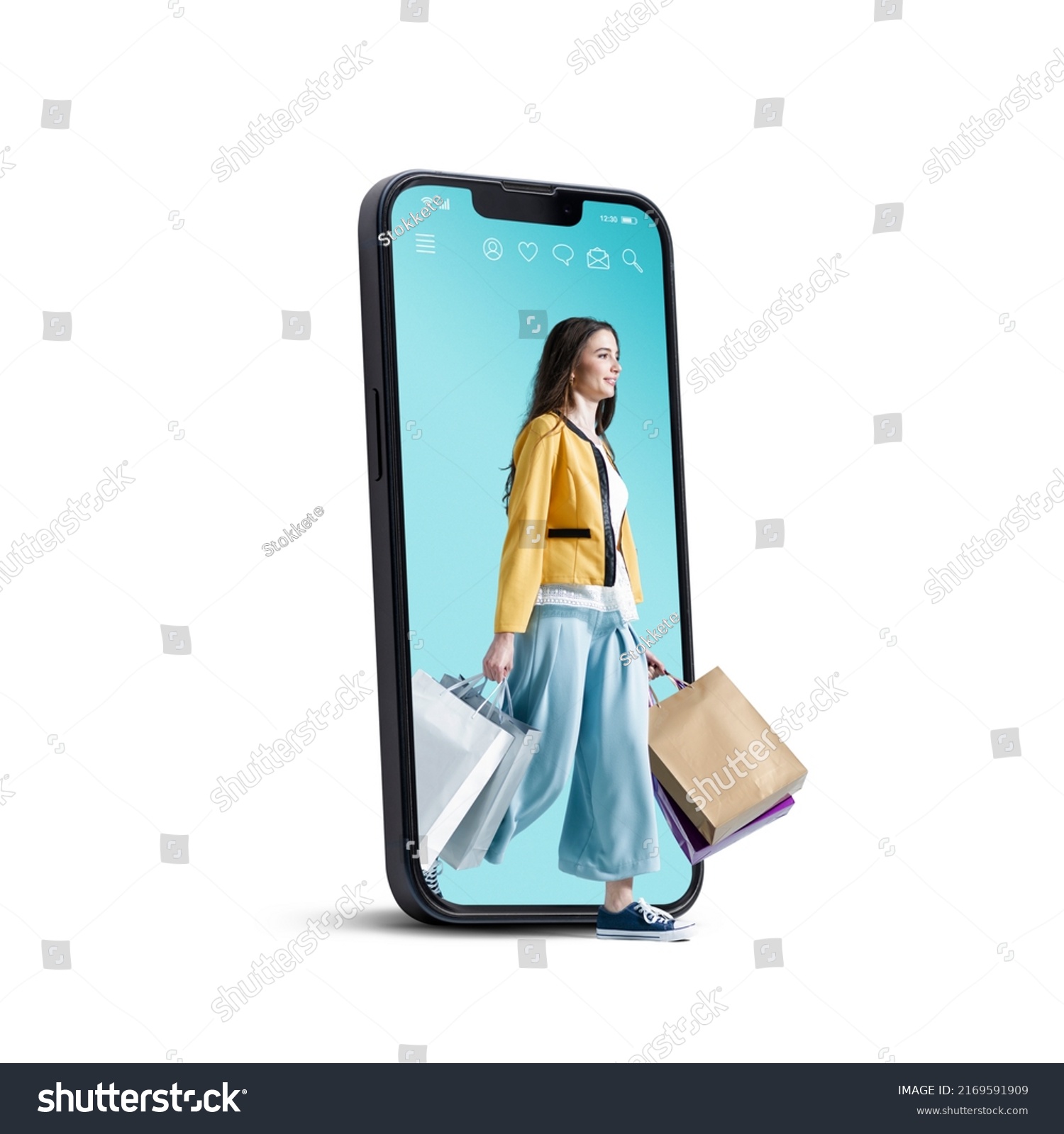 Happy woman in a smartphone walking and holding many shopping bags, online shopping concept, isolated on white background #2169591909
