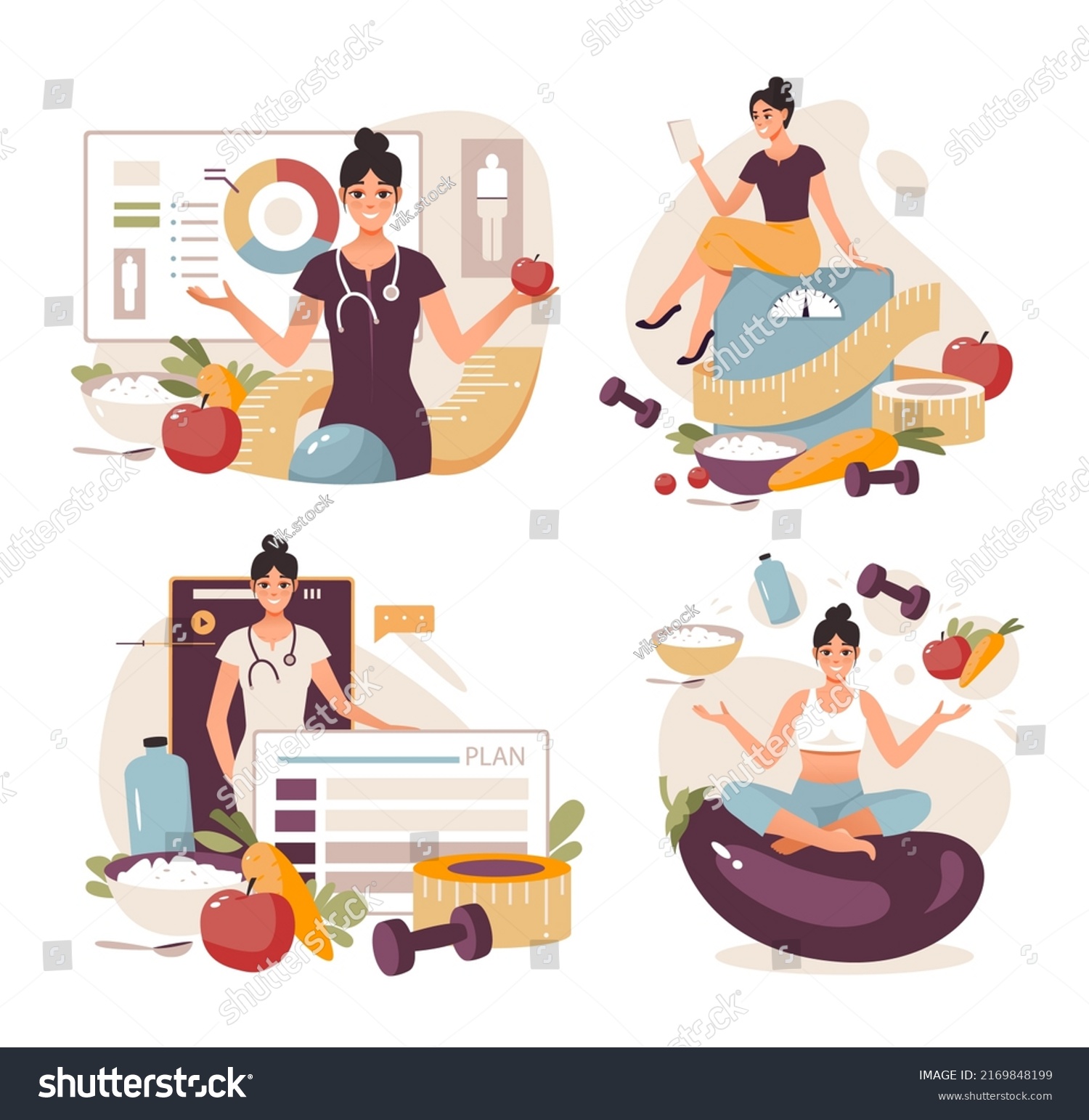 Nutritionist concept. Weight loss program and diet plan. Diet therapy with healthy food and physical activity. Flat vector illustration
 #2169848199