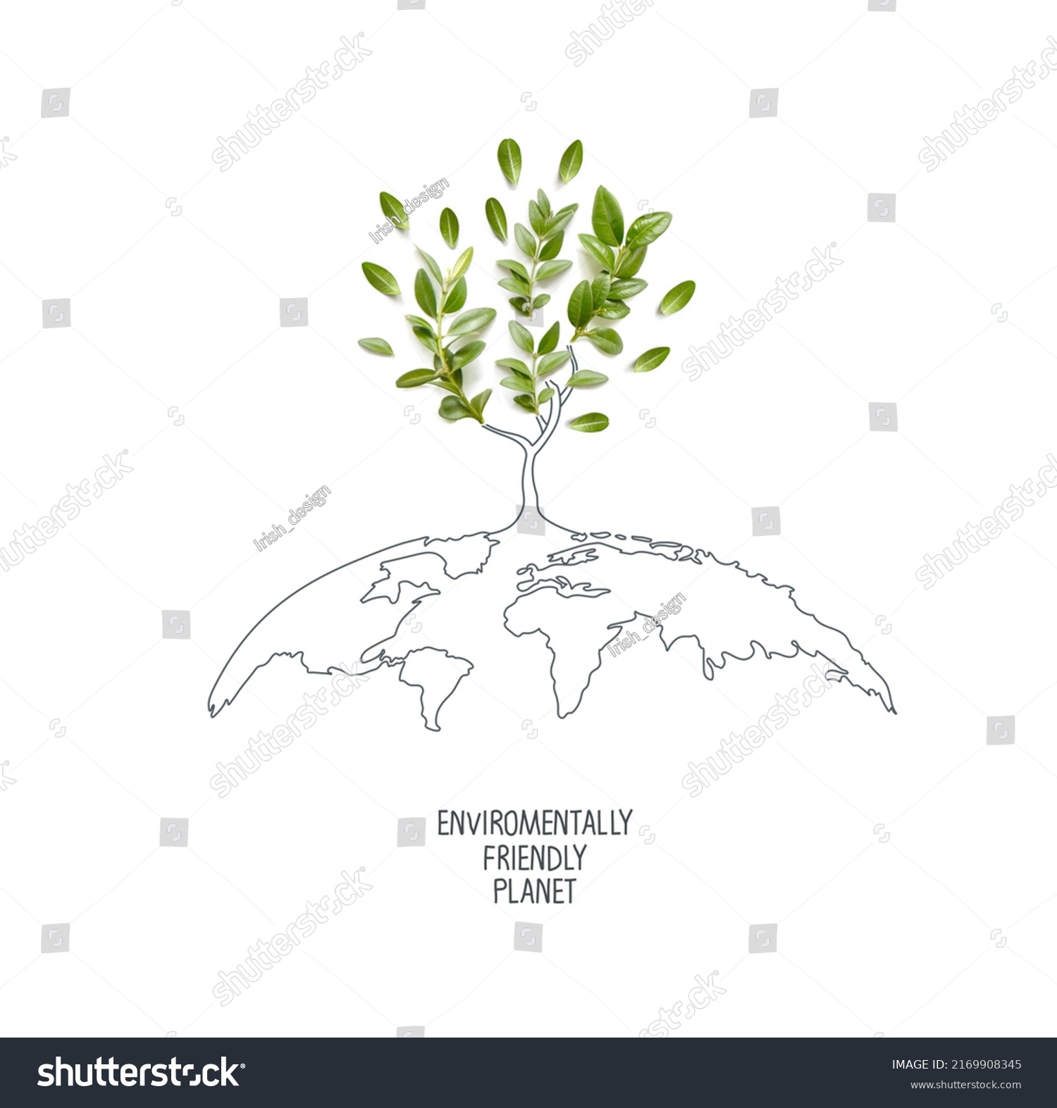 Environmentally friendly planet. Symbolic tree made from green leaves and branches with sketches map of the world. Minimal nature concept. Think Green. Ecology Concept. Top view. Flat lay. #2169908345