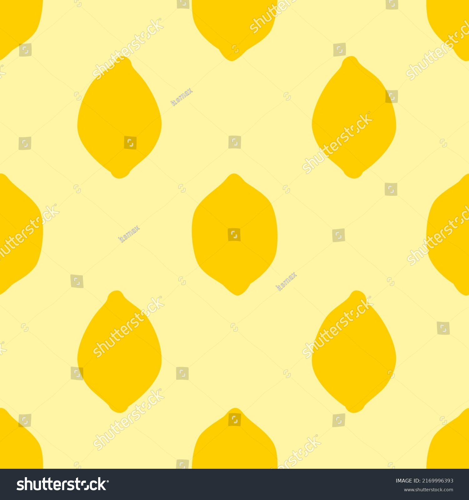 Yellow Lemon Seamless Pattern, in Flat Design Style. Hand Drawn Lemon Fruits on Bright Yellow Background, Simple Repeating Design. Summer Illustration #2169996393