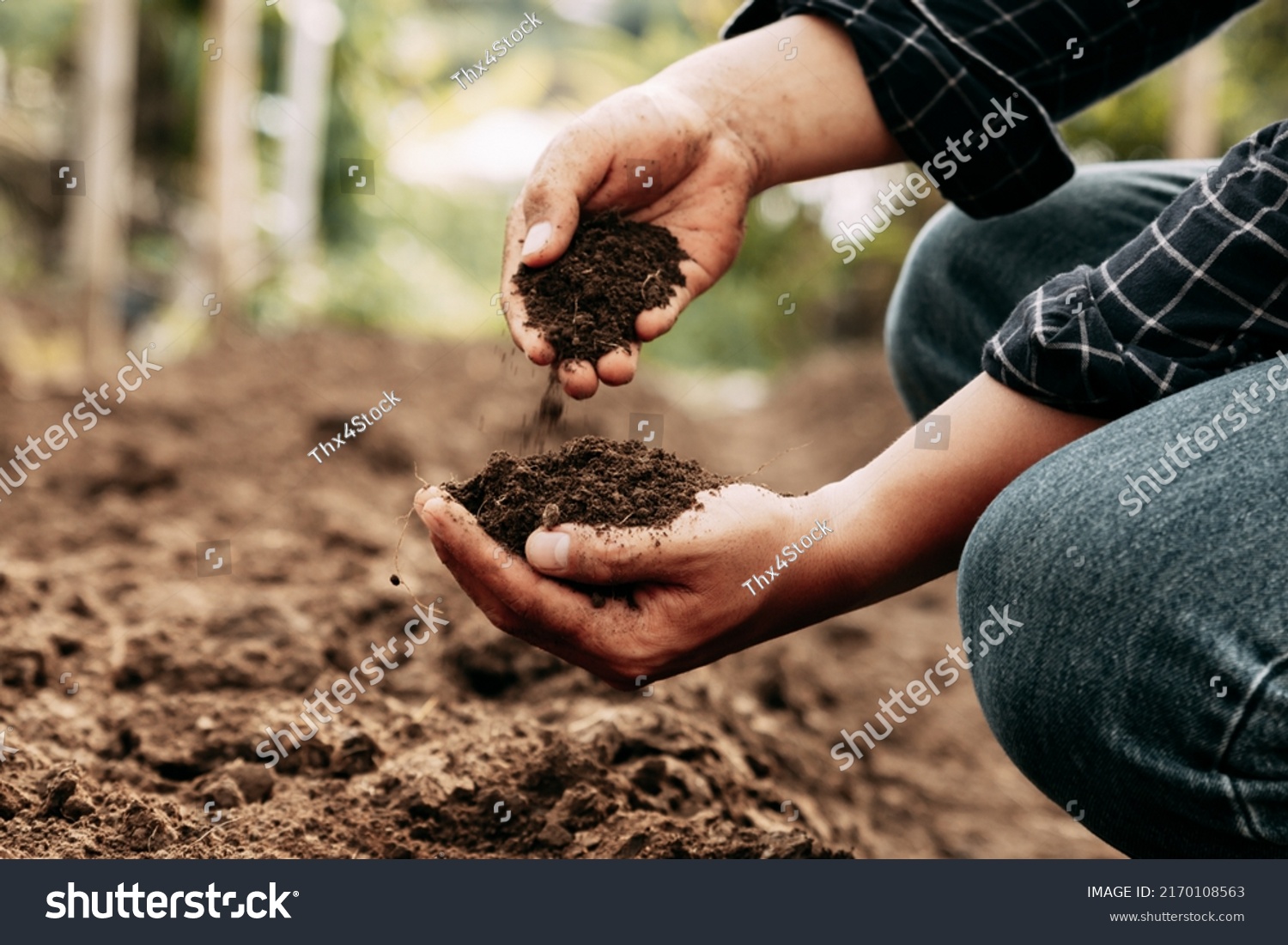 Hand of farmer inspecting soil health before planting in organic farm. Soil quality Agriculture, gardening concept. #2170108563