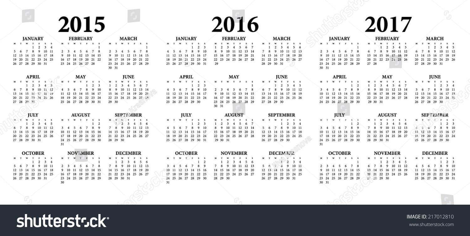 2015, 2016, 2017 Calendar.Weeks start on Monday. - Royalty Free Stock ...