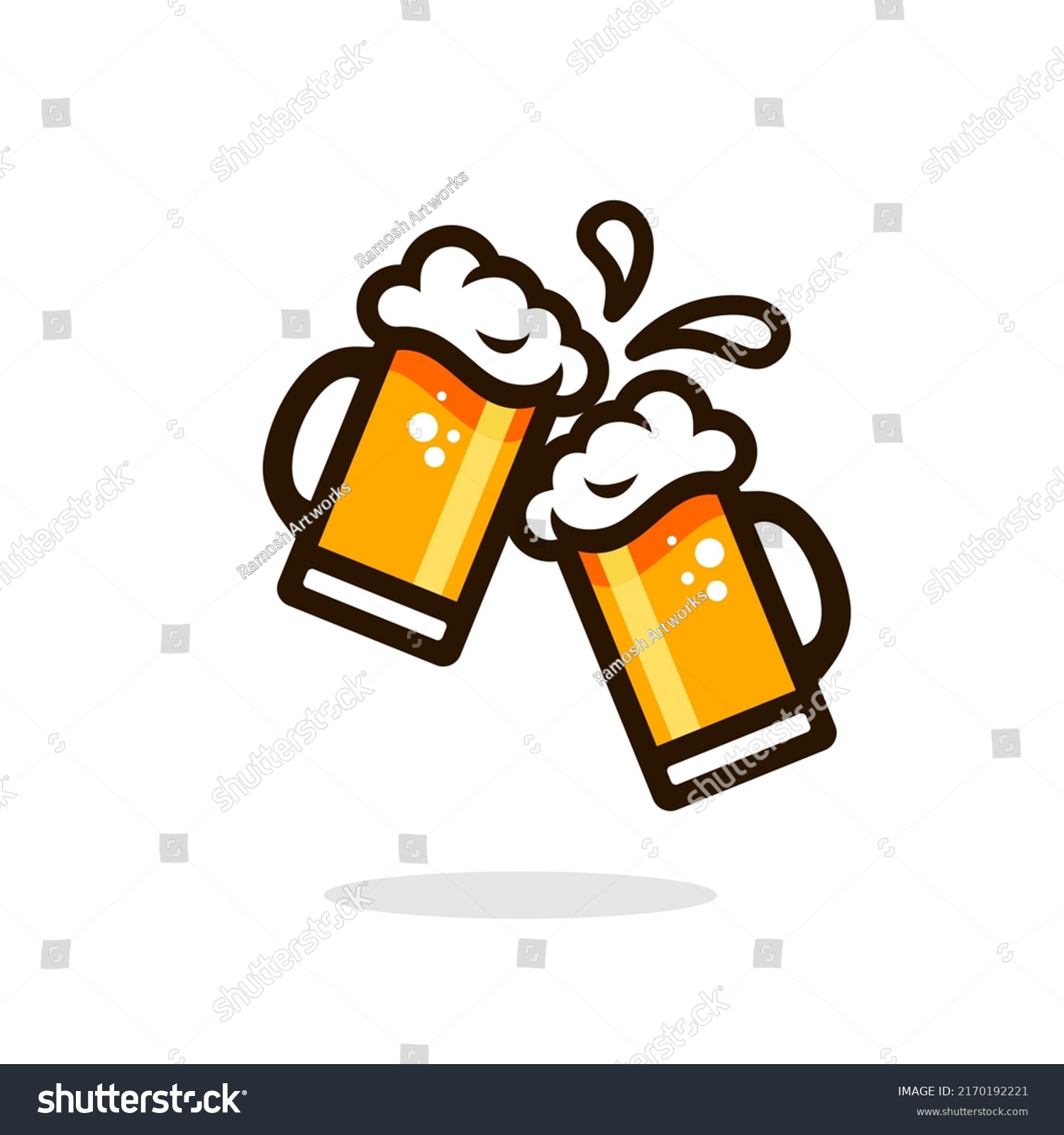 beer cheers vector. Two toasting beer mugs, Cheers. Clinking glass tankards full of beer and splashed foam. Cartoon style. Isolated on white background. Design for banner, poster, greeting cards. #2170192221
