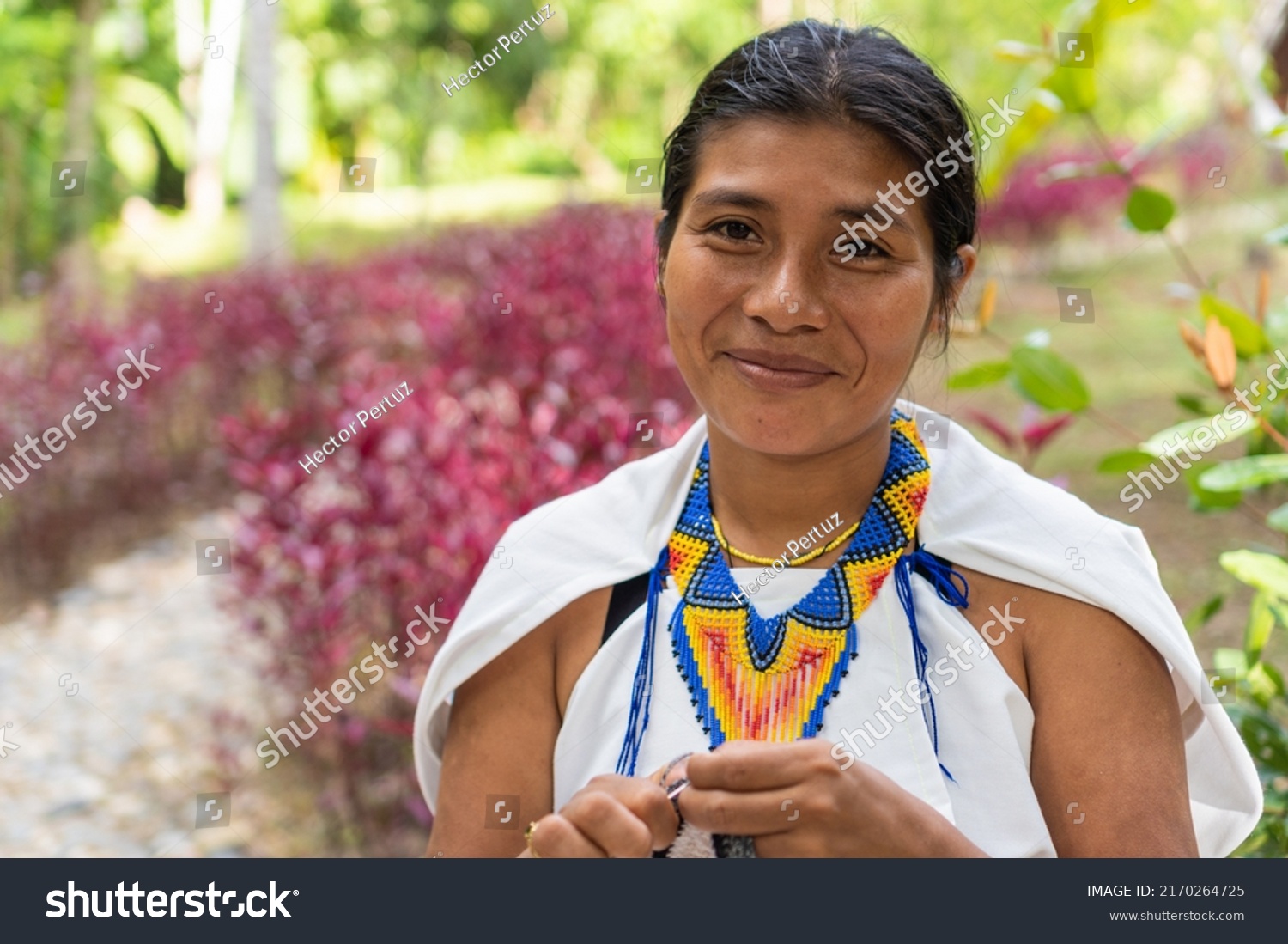 Stock photo of a portrait of a Colombian woman in traditional clothing. Beautiful shot of a young indigenous woman from the Sierra Nevada de Santa Marta, smiling looking at the camera. #2170264725