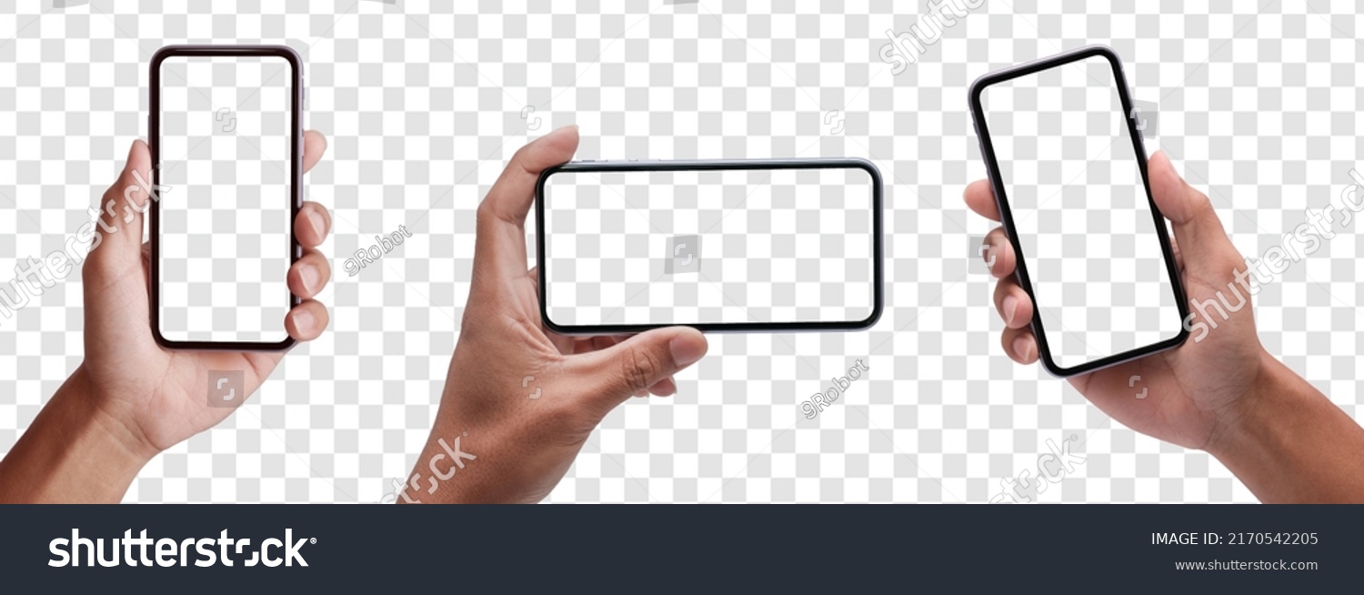 Hand holding the black smartphone phone with blank screen and modern frameless design, hold Mobile phone on transparent background Ideal for marketing, app design, UI and UX - include clipping path. #2170542205