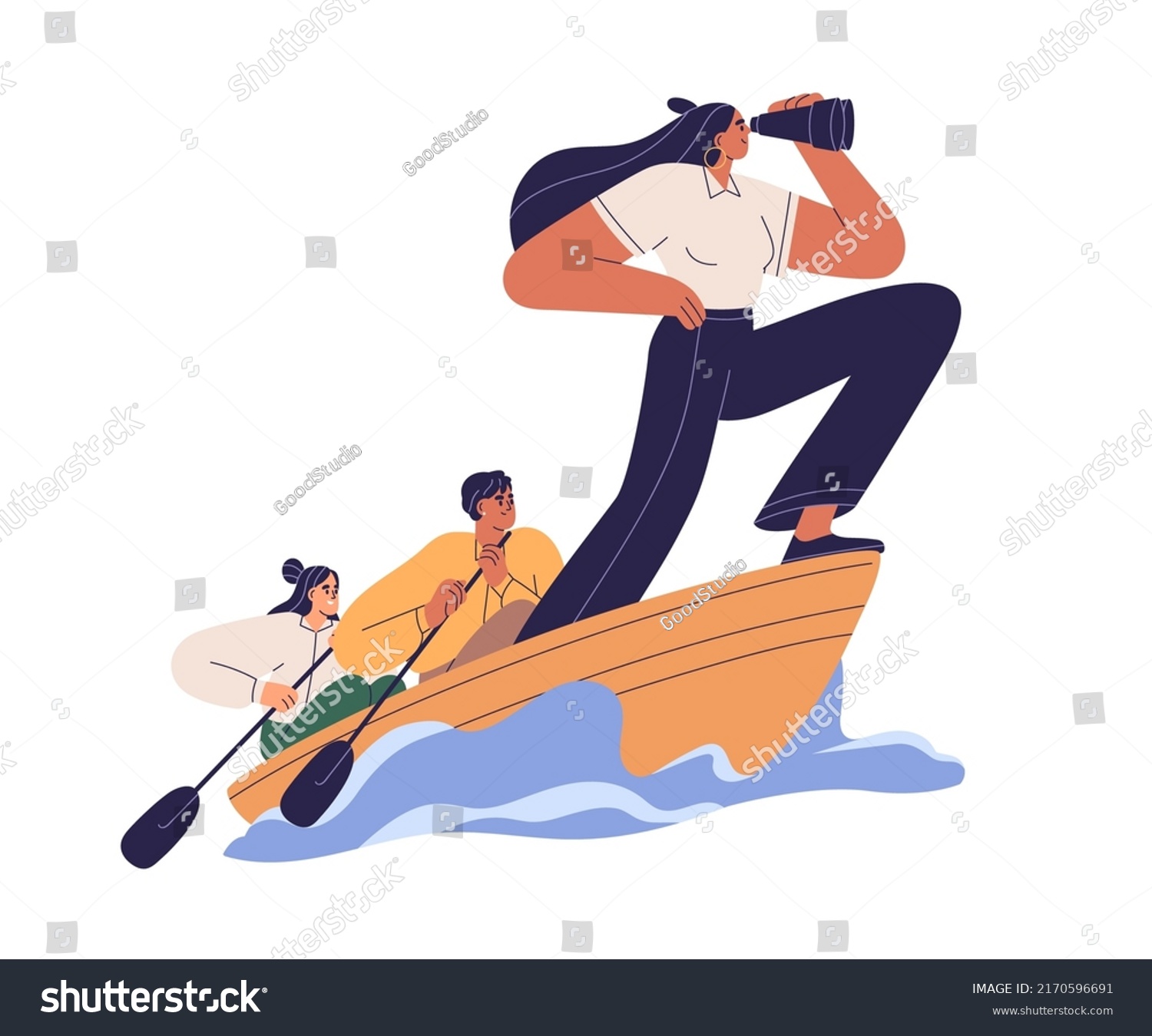 Business leader searching for new horizons, opportunities, leading boat team to goal. Leadership, strategy, vision, mission concept. Flat graphic vector illustration isolated on white background #2170596691