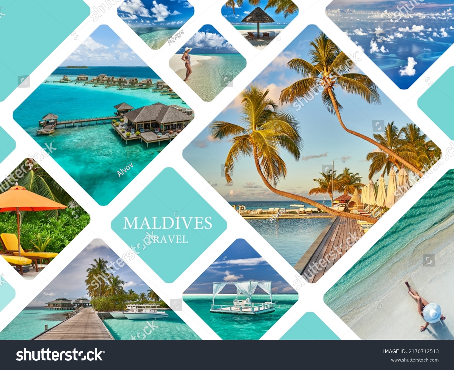 Travel concept photo collage. Tropical beach and water bungalows. Travel and tourism to luxury resorts in the Maldives islands #2170712513