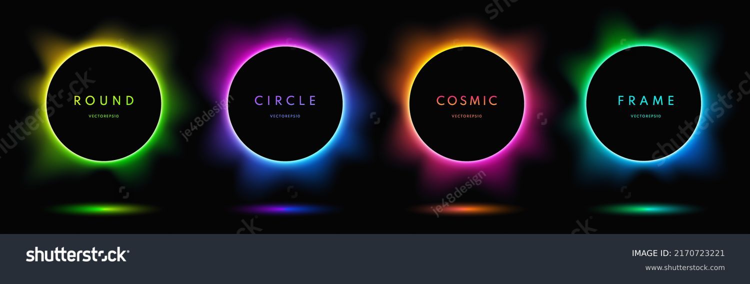 Blue, red-purple, green illuminate light frame collection design. Abstract cosmic vibrant color circle border. Top view futuristic style. Set of glowing neon lighting isolated on black background. #2170723221