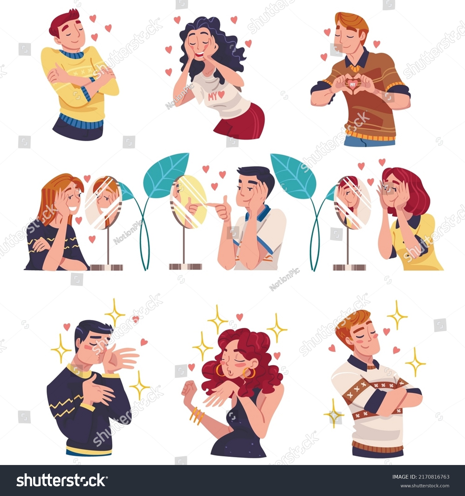 Self Love With People Character Admiring Royalty Free Stock Vector