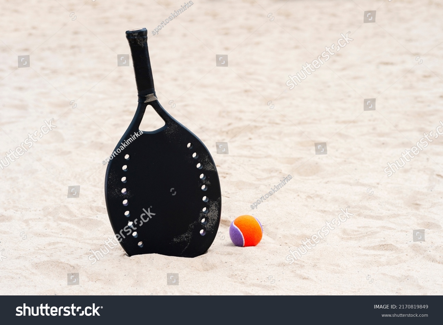 Racket and ball on the sandy beach. Summer sport concept. Horizontal sport theme poster, greeting cards, headers, website and app #2170819849