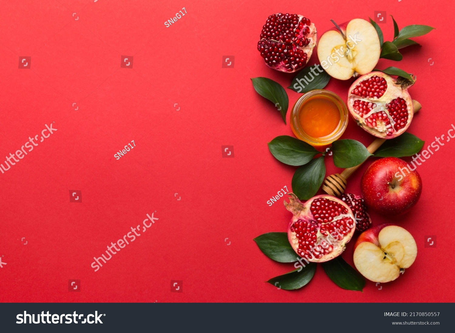 Flat lay composition with symbols jewish Rosh Hashanah holiday attributes on colored background, Rosh hashanah concept. New Year holiday Traditional. Top view with copy space. #2170850557