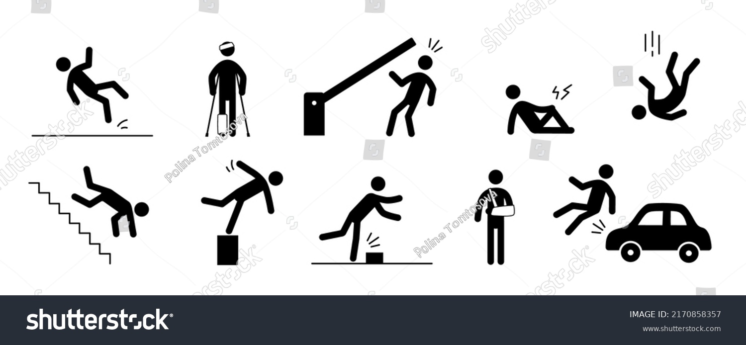 Accident pictogram man icon. Work safety, injury caution, hazard pictogram sign set. Warning, danger icon stick man vector illustration. #2170858357