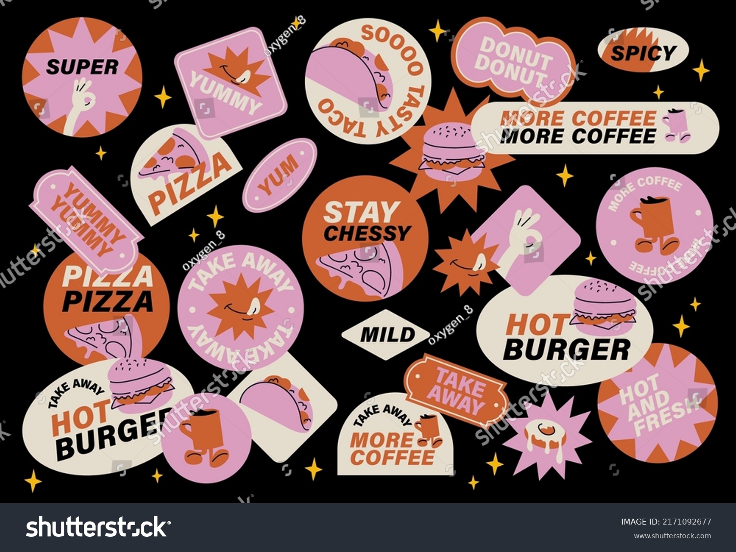 Vector set of retro fast food stickers. Colorful patch badges for junk food cafe #2171092677