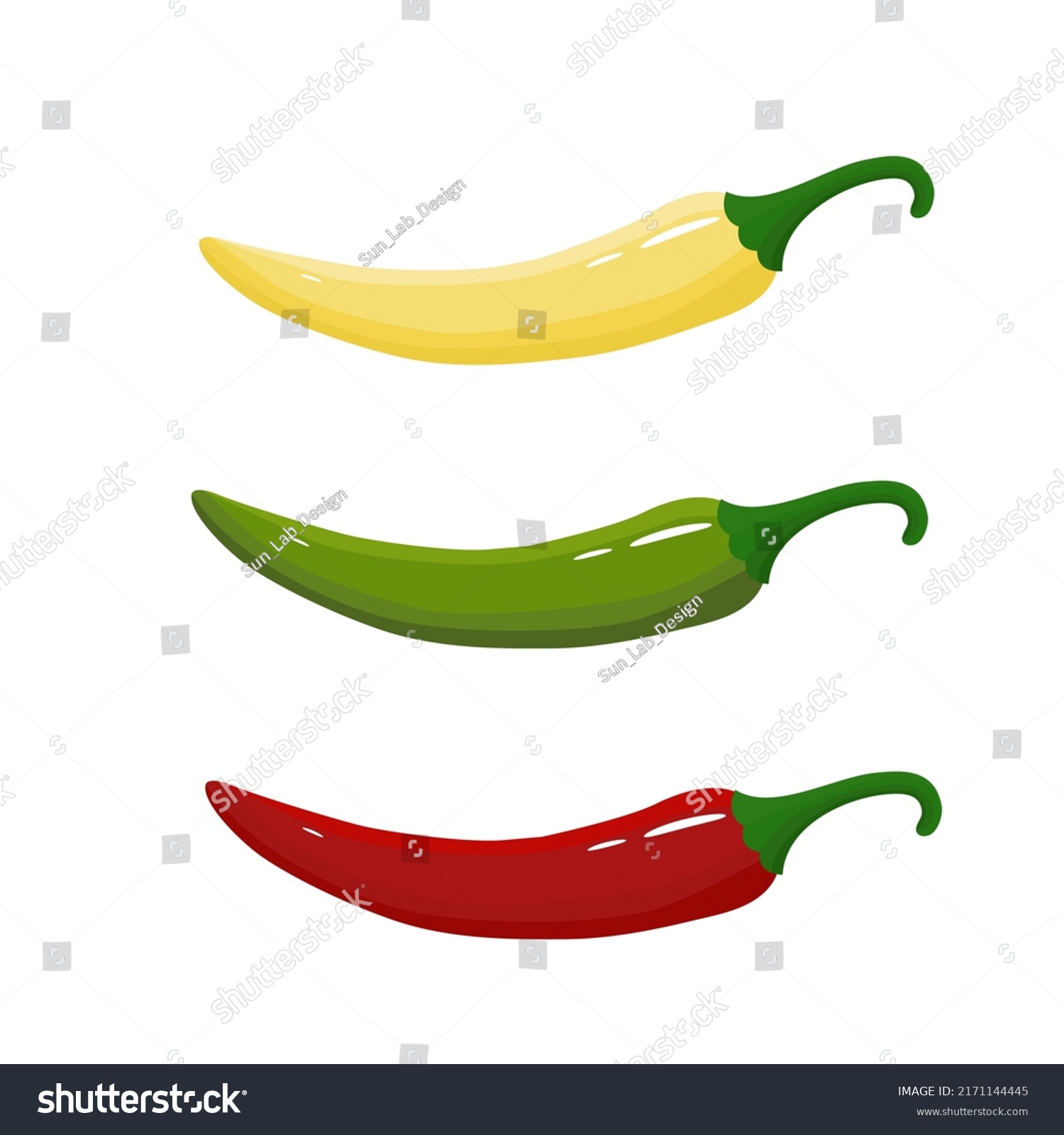 Chili peppers icons set. Yellow,green,red chili peppers on white background. Fresh spices. Illustration for design and print #2171144445