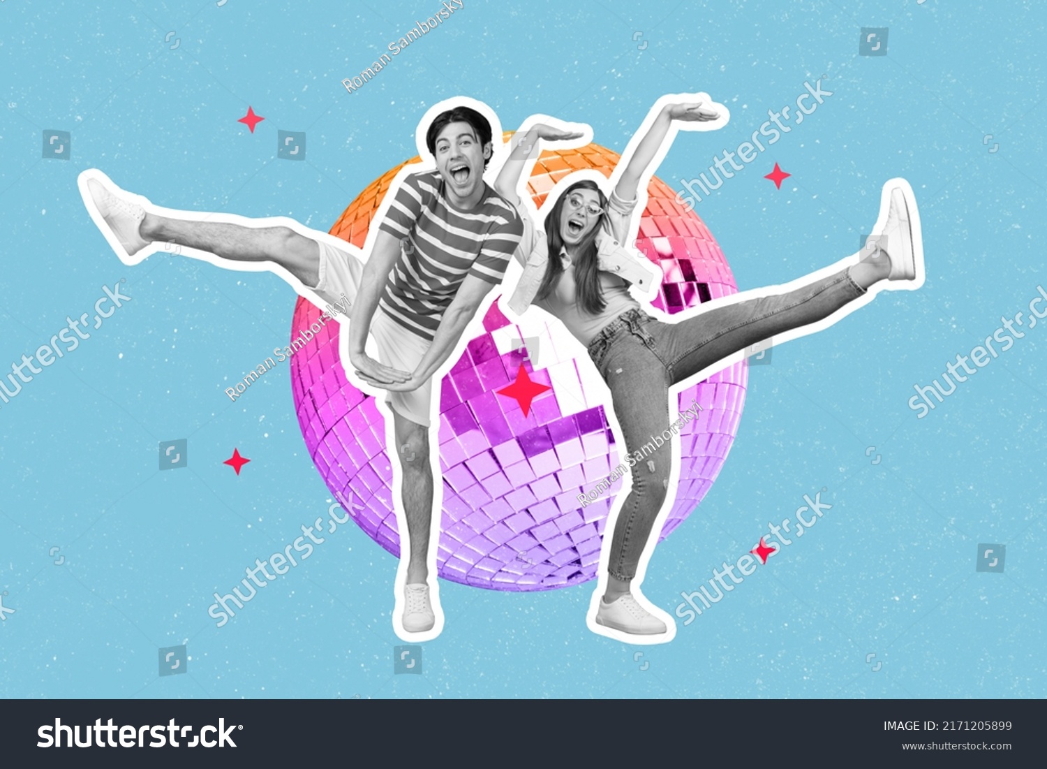 Creative poster collage of active lady guy dance energetic party isolated blue color glitter disco ball background #2171205899
