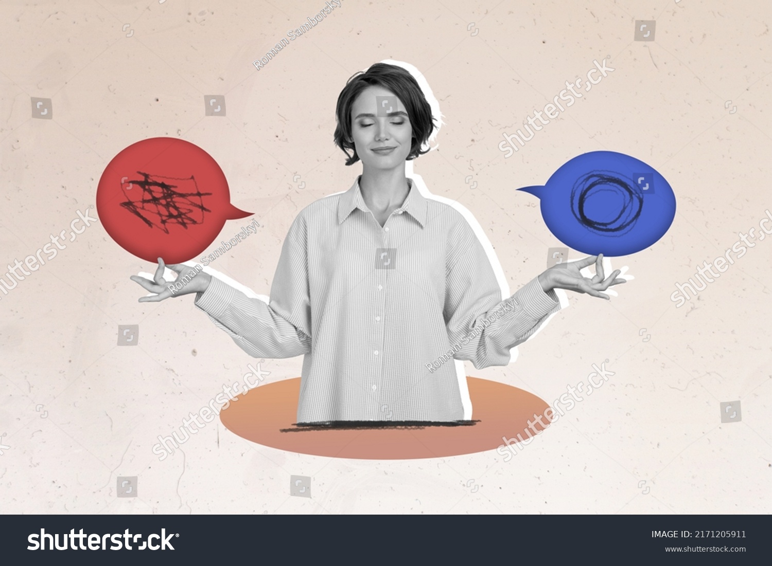 3d retro abstract creative artwork template collage of charming lady trying clean up thoughts mess isolated pastel color background #2171205911