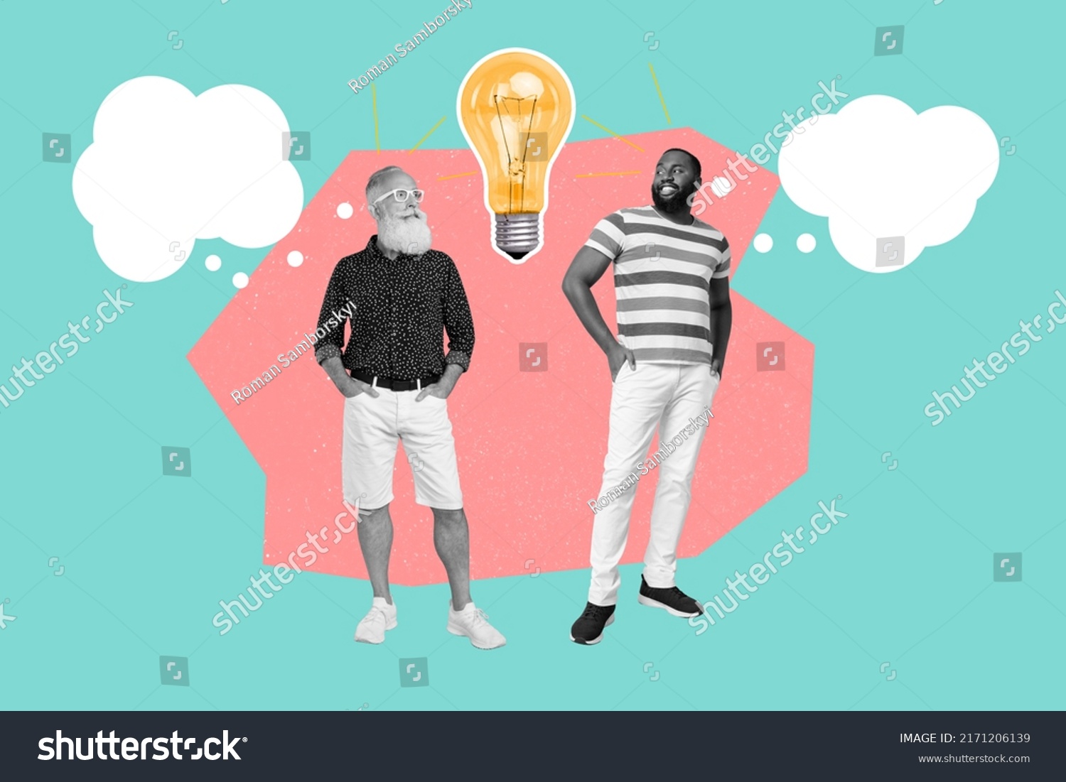 Collage of colleagues young old generation think common question decide idea light bulb isolated color background #2171206139