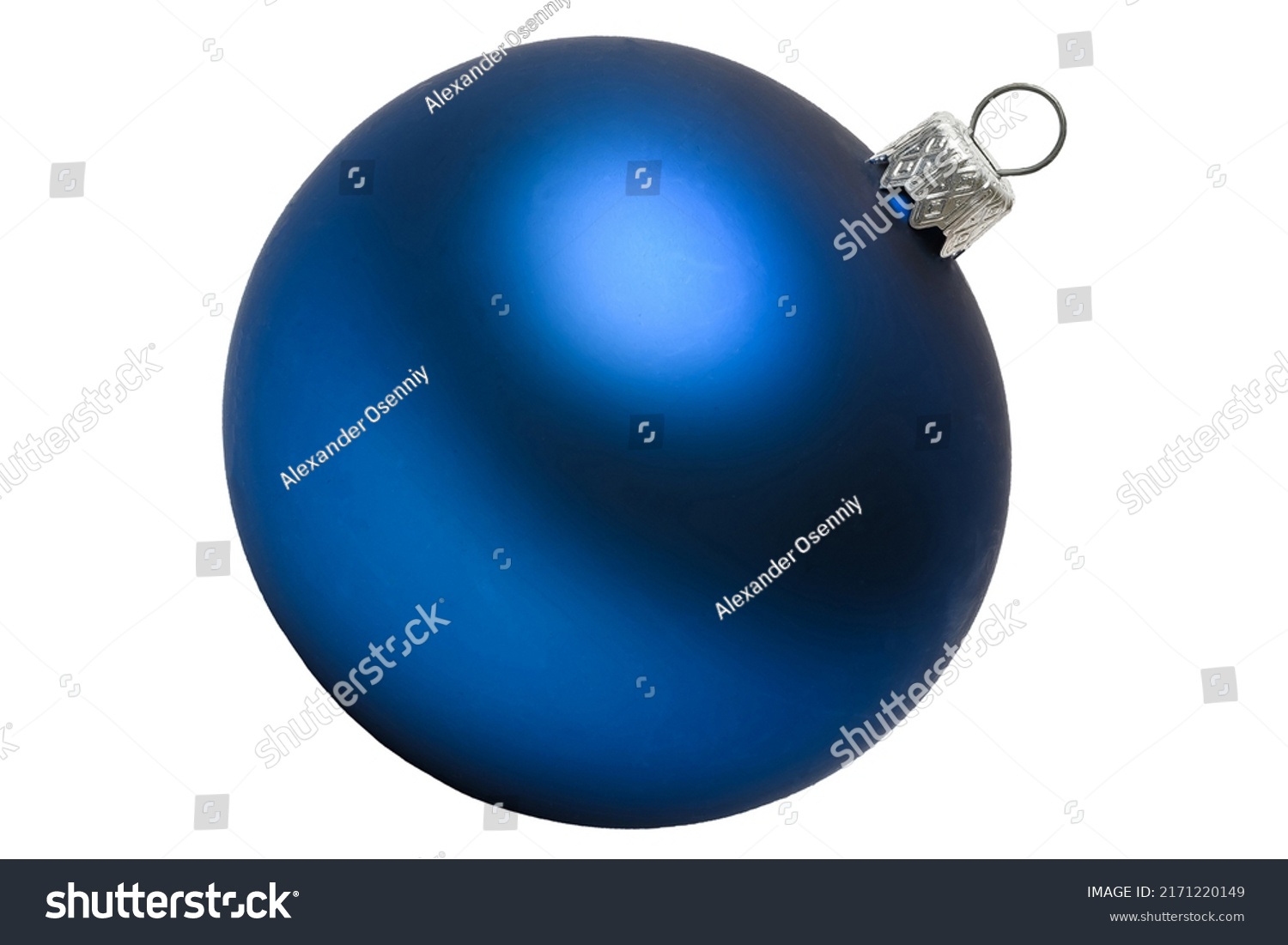 It is a dark blue Christmas ball on white background. New Year's Eve. This is close-up view of an isolated blue ball. #2171220149