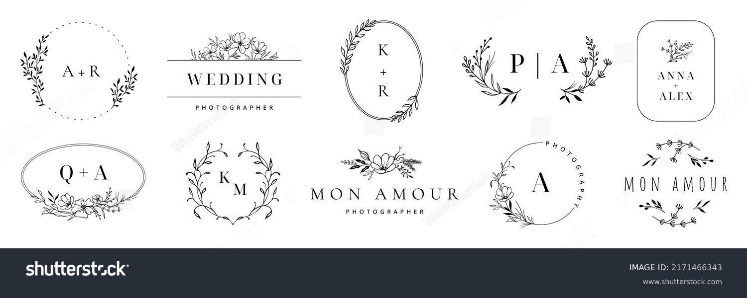 Wedding logo. Elegant monogram, hand drawn marriage invitations with wreath borders vector set. Illustration of wedding monogram logo with flower frame #2171466343