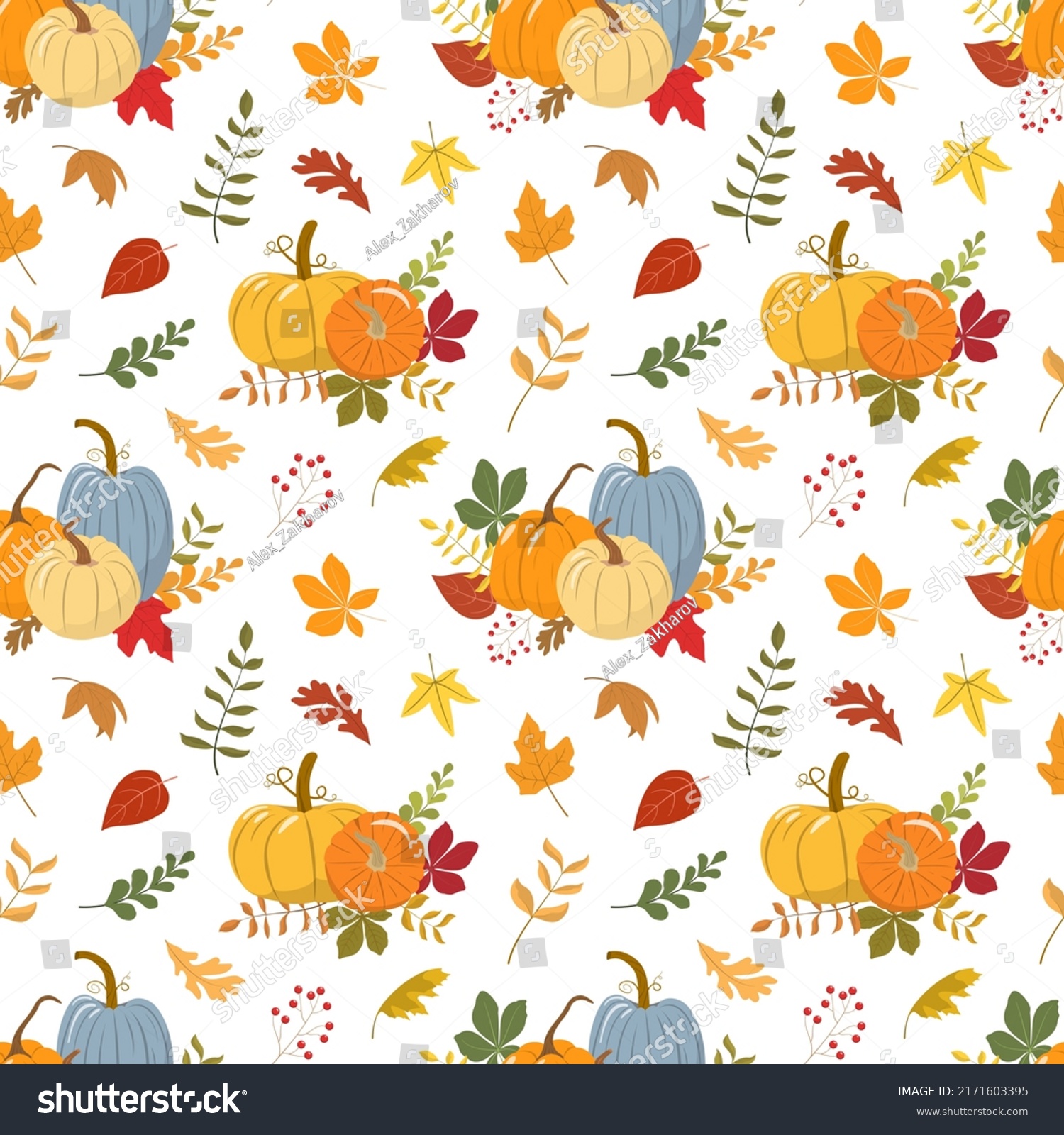 Autumn harvest festival vector seamless pattern with orange and yellow pumpkins, and color forest leaves. Isolated on white background. Autumn harvest illustration. Thanksgiving wallpaper. #2171603395