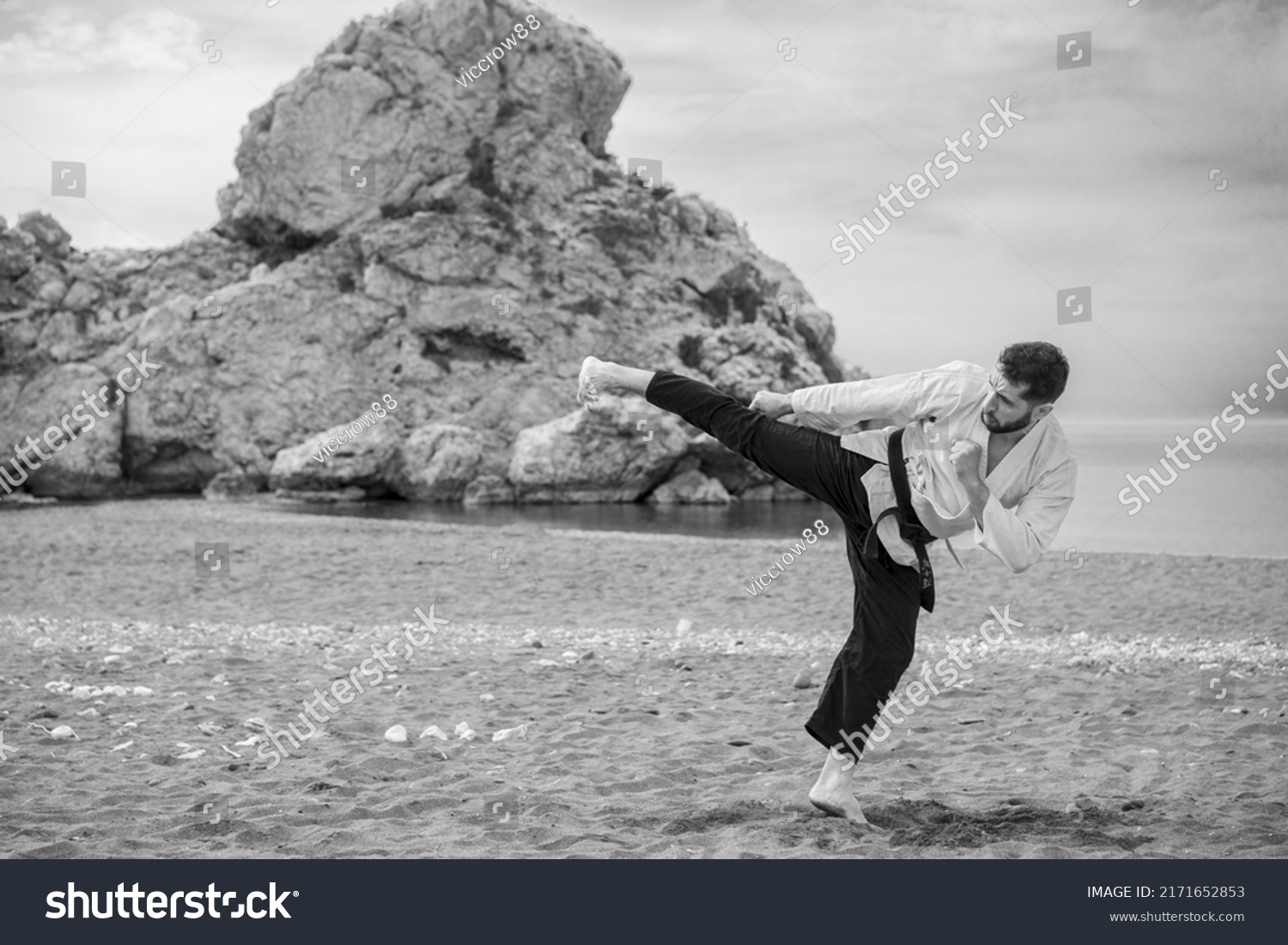black and white image of a kung fu master in kimono wearing a black belt with the word "Bushido" written in Japanese performing a side kick on the sandy beach with a large rock in the background. #2171652853