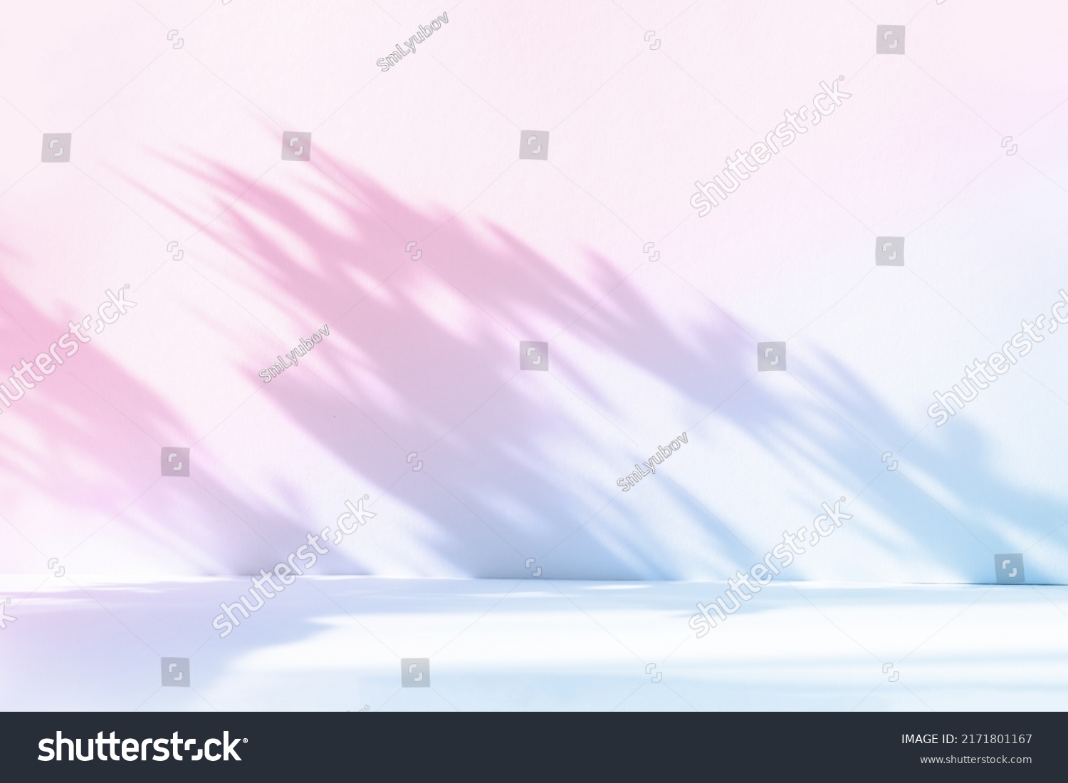 Abstract gradient blue studio background for product presentation. Empty room with shadows of window and flowers and palm leaves . 3d room with copy space. Summer concert. Blurred backdrop. #2171801167