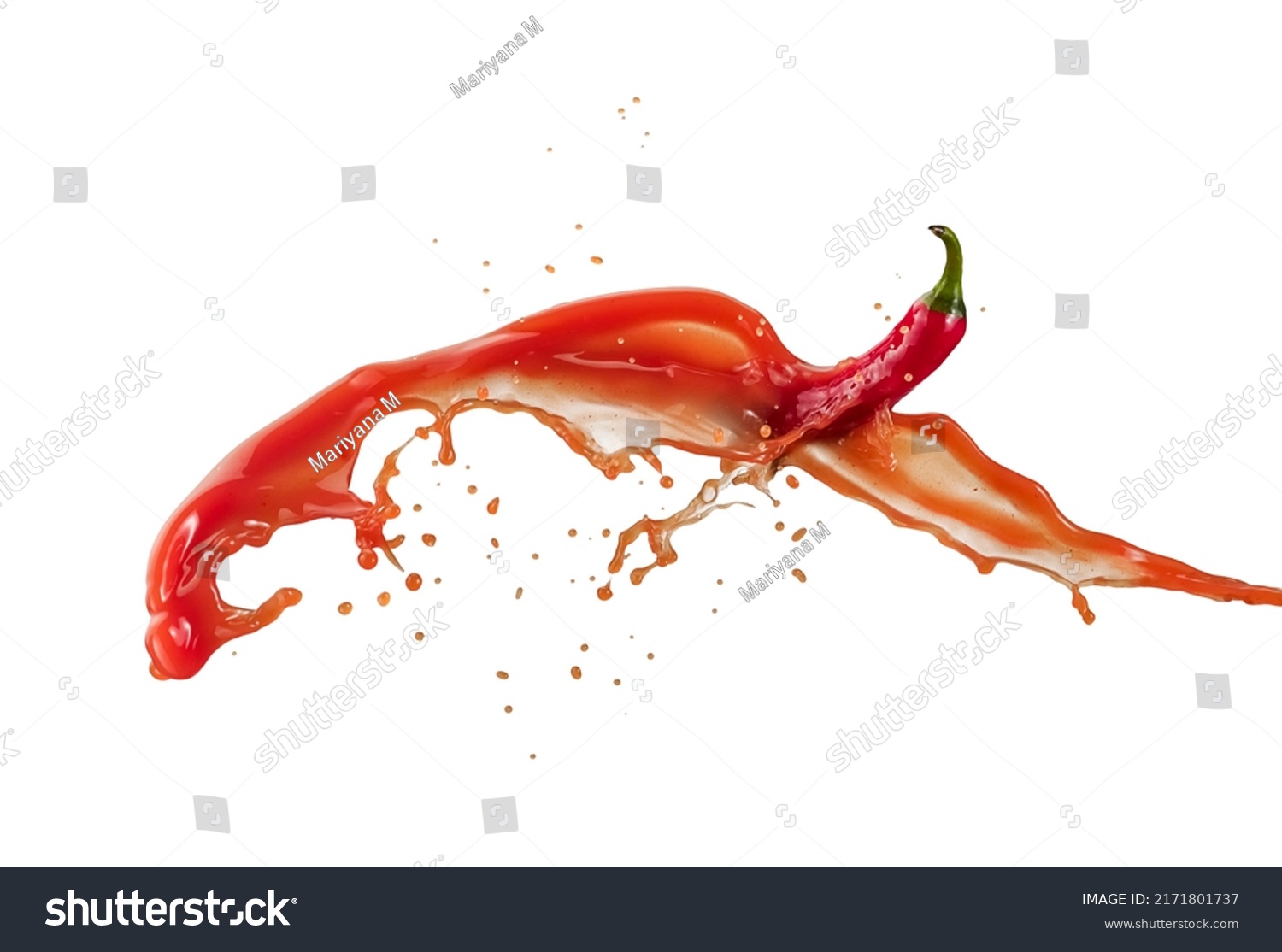 Hot red chilli sauce splash with a fresh hot pepper on white background #2171801737