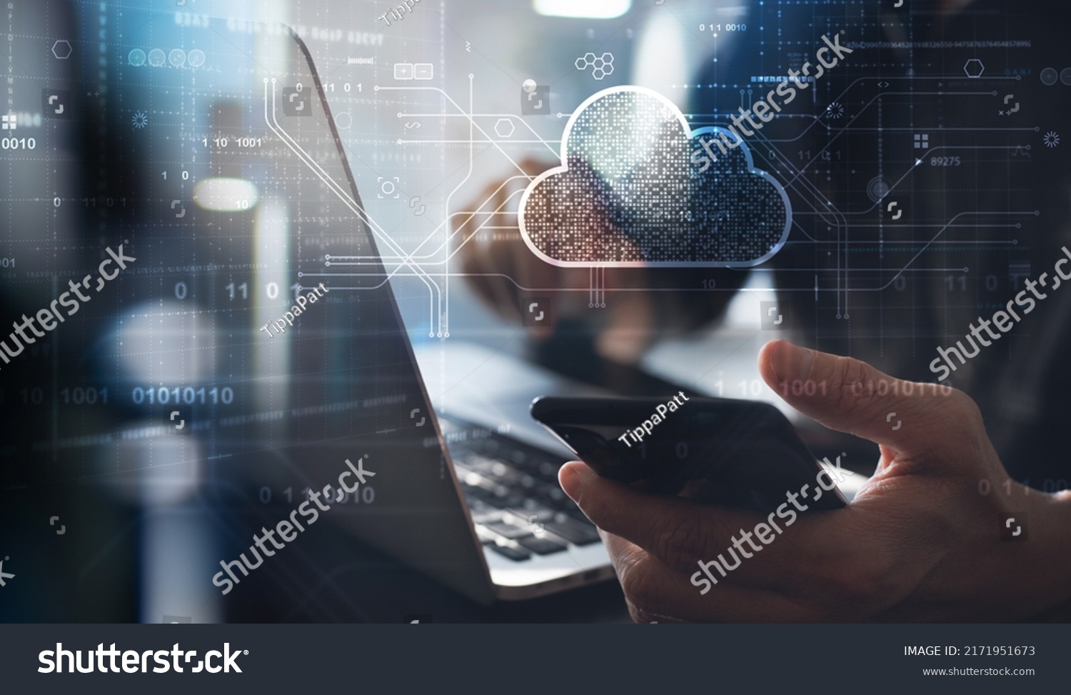 Cloud technology. Data storage and backup, Edge computing technology. Networking and internet service concept. Man using laptop computer and mobile phone with cloud computing diagram. #2171951673