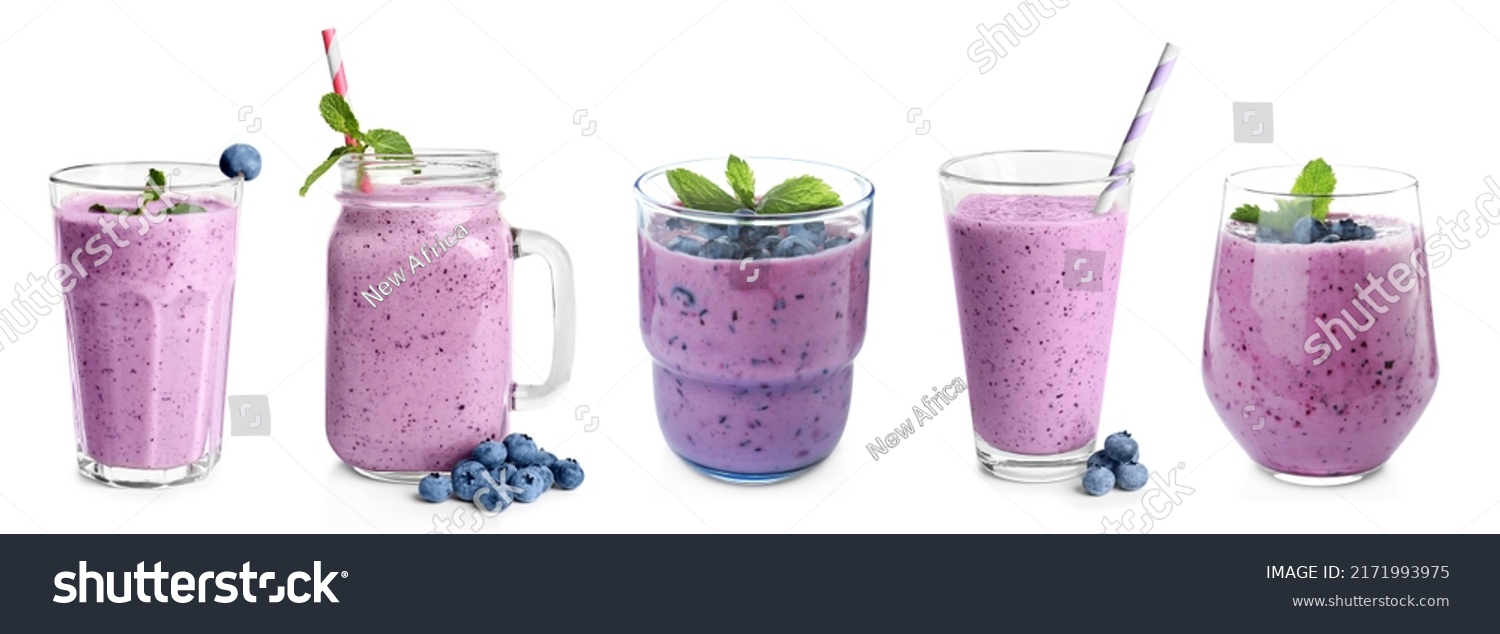 Set with delicious blueberry smoothies on white background. Banner design #2171993975