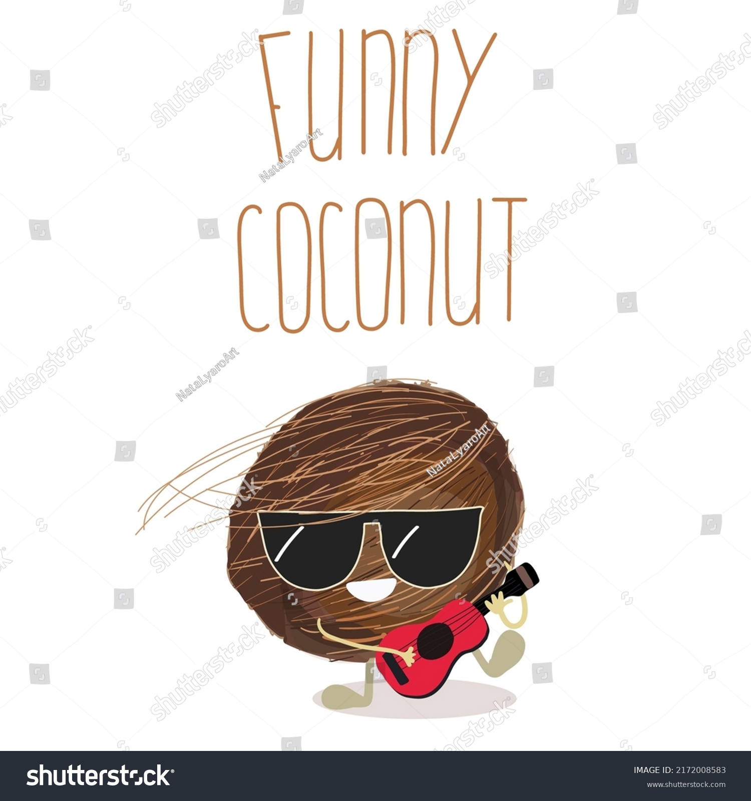 Vector illustration in the form of cartoon cute character of coconut with guitar or ukulele. Organic fruits or vegetarian food. Summer time, summer vibe, t shirt design. #2172008583