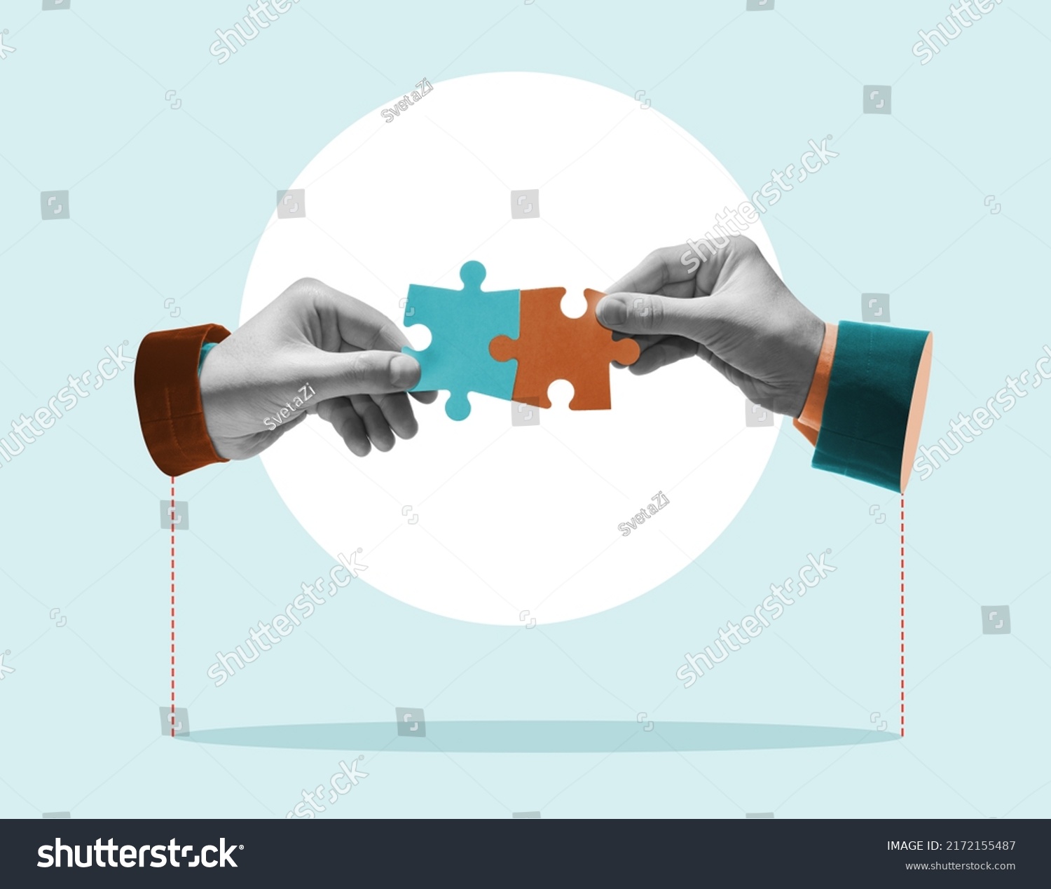 Hands combine puzzle pieces. Art collage. #2172155487