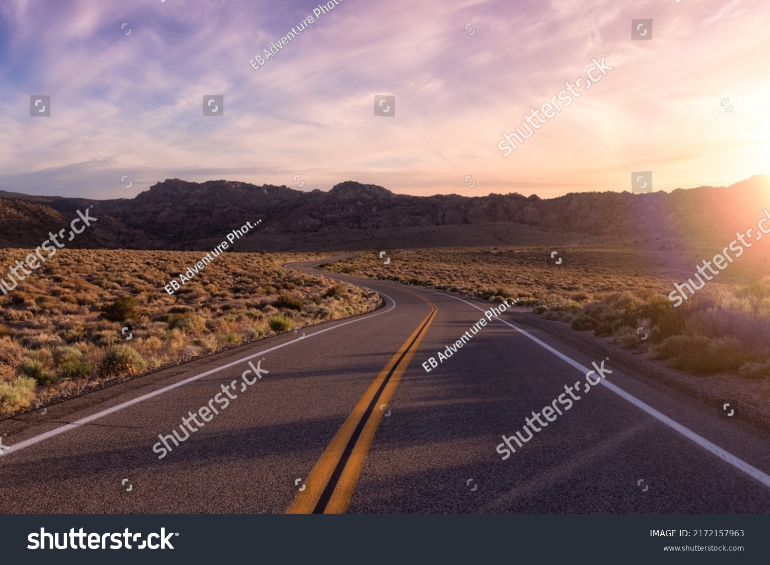 Scenic highway in the mountain landscape. Sunset Sky Art Render. State Route 120, California, United States of America. Adventure Travel #2172157963