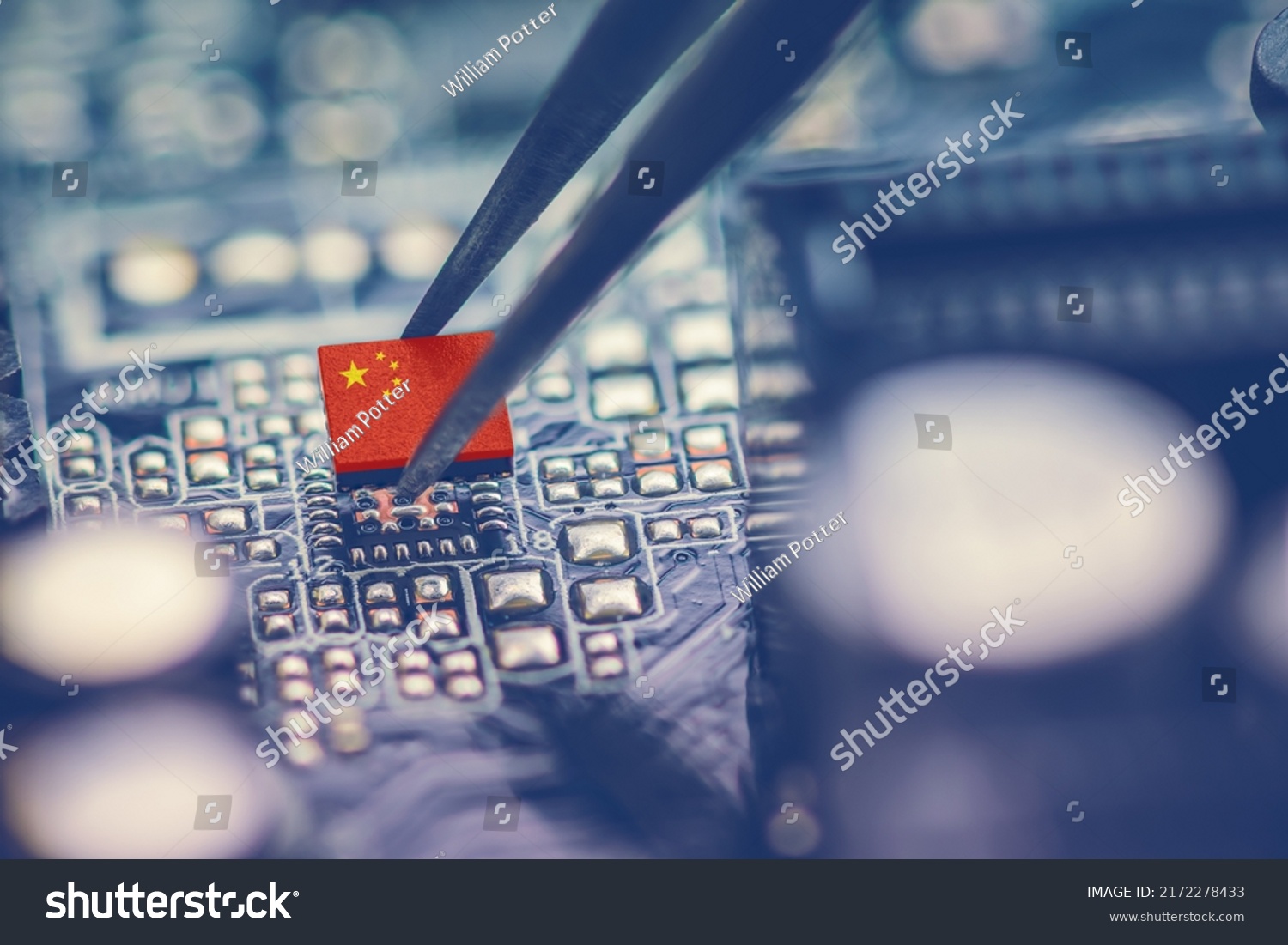 Flag of China on a processor, CPU Central processing Unit or GPU microchip on a motherboard. China is world's largest chip manufacturer, demonstrating the country's superiority in global supply chain. #2172278433