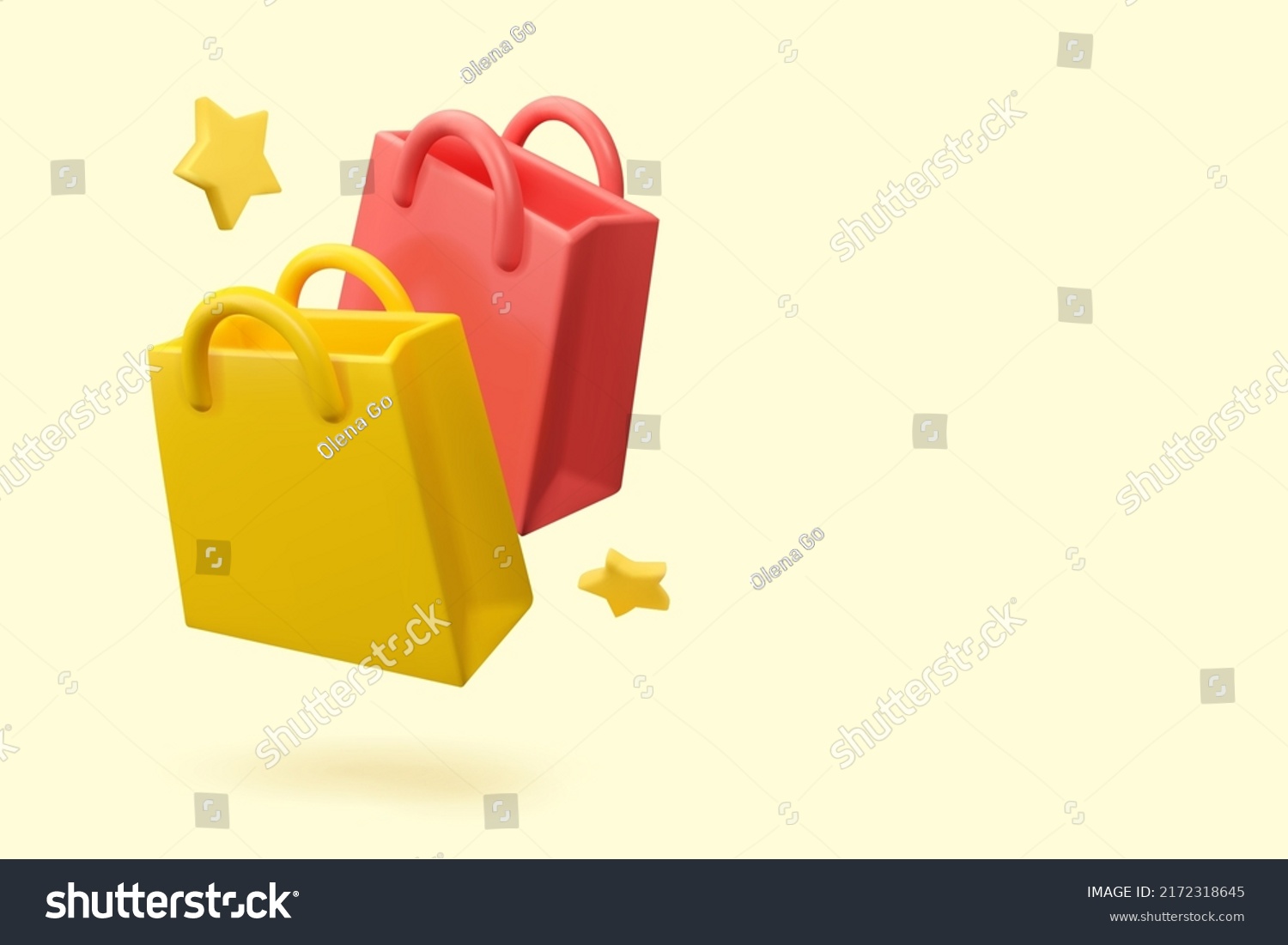 3d shopping bag banner template. Vector render mockup with gift bags and stars. Sale concept #2172318645