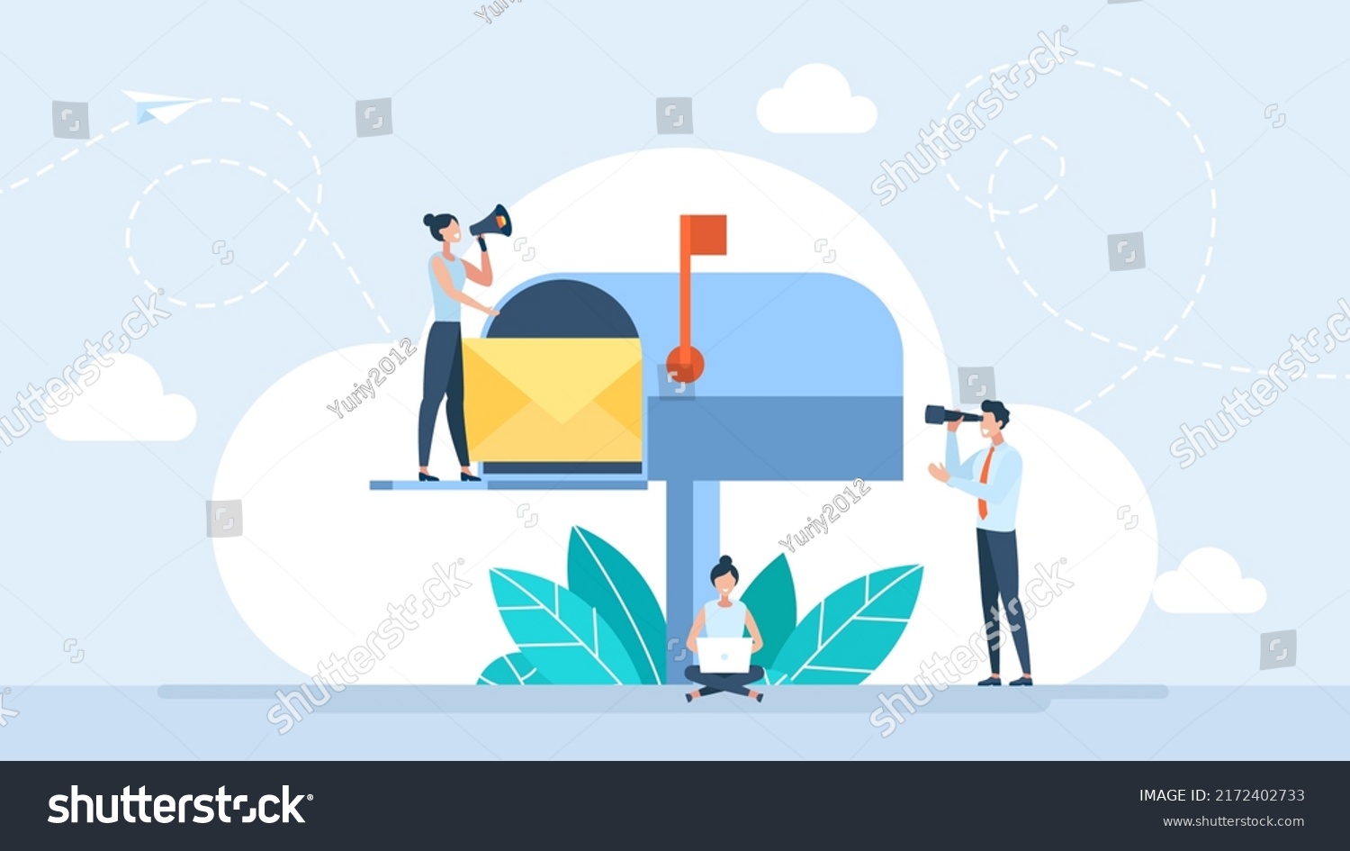 Business correspondence, subscription. Mailbox with letter in envelope. Letterbox. Inbox mail and mailbox. Tiny people are happy to receive the letter. Open post box. Flat design. Vector illustration #2172402733