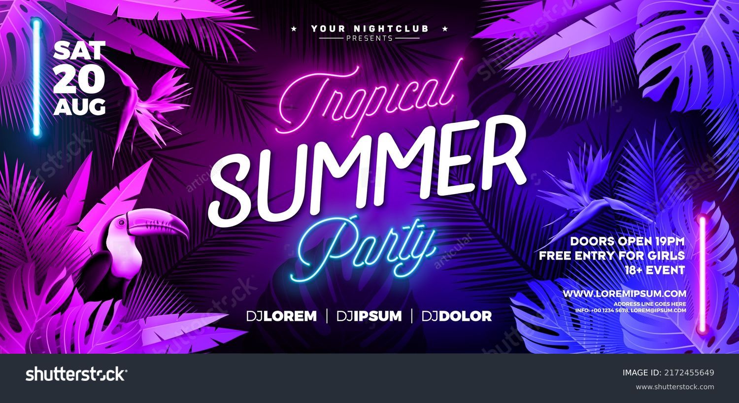 Summer Party Banner Design Template with Glowing Neon Light on Fluorescent Tropic Leaves Background. Vector Summer Celebration Holiday Illustration for Banner, Flyer, Invitation or Celebration Poster. #2172455649